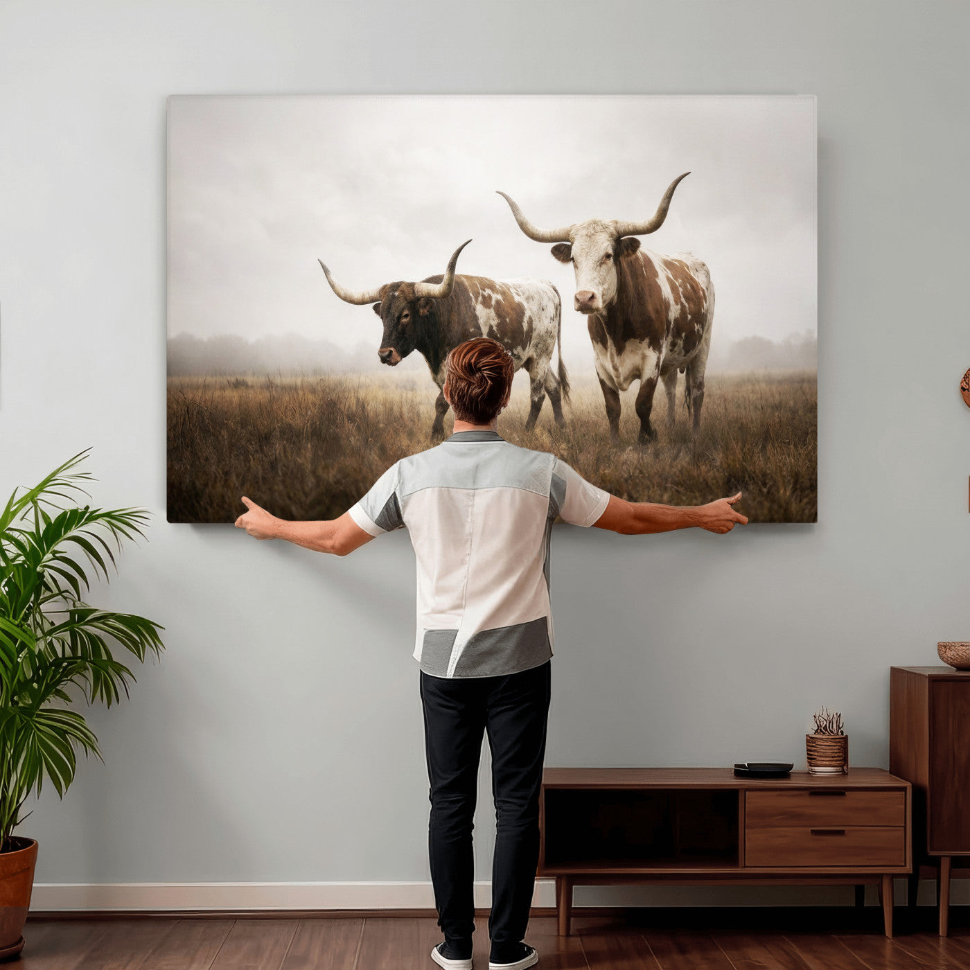 92881702-MGV-CV-36X24 - Texas Longhorn Canvas Wall Art Western Bull Desert Moody Grey Overcast Rustic Farmhouse Framed Large for Living Room Bedroom Office Decor