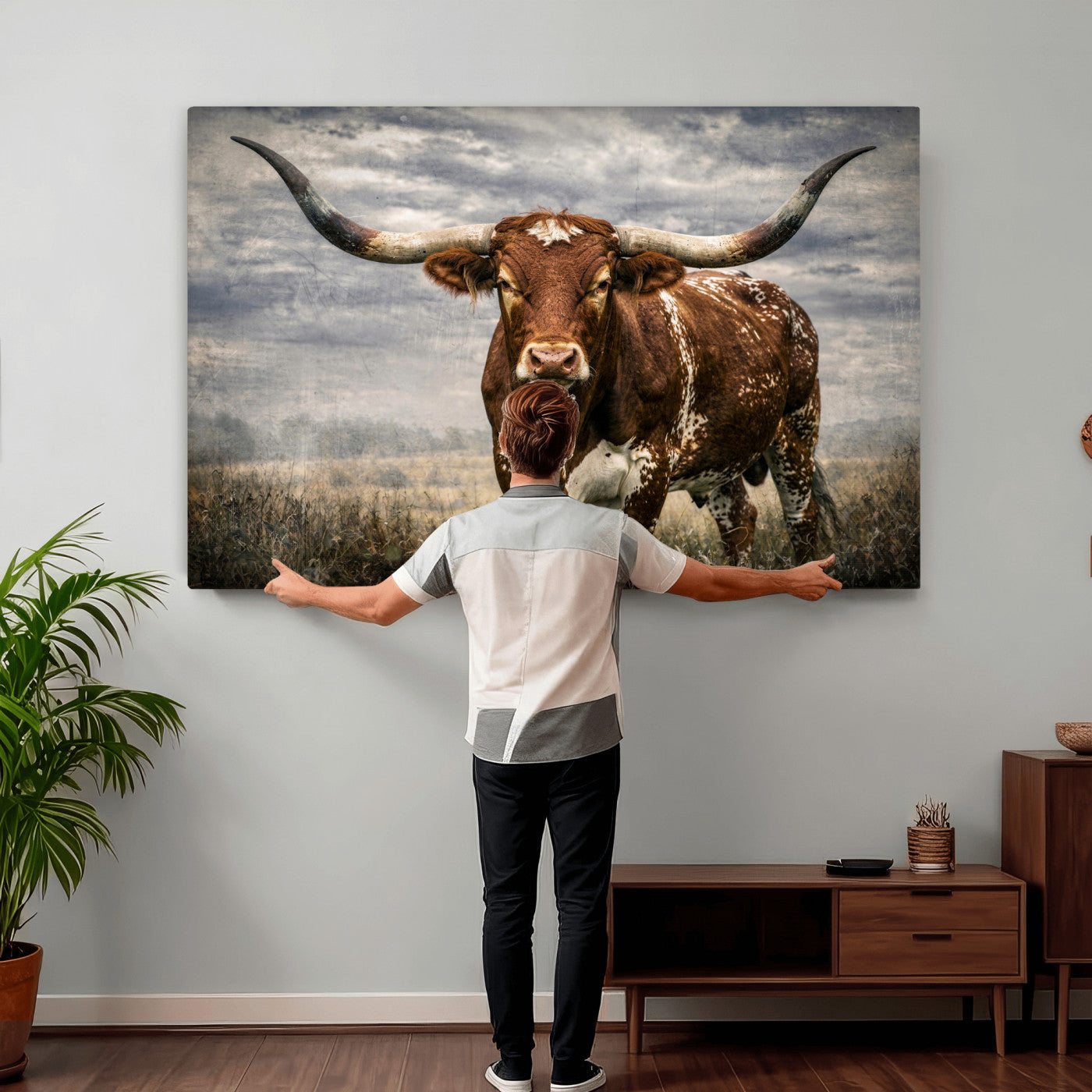 14372769-MGV-CV-36X24 - Texas Longhorn Canvas Wall Art Western Bull Desert Moody Grey Overcast Rustic Farmhouse Framed Large for Living Room Bedroom Office Decor