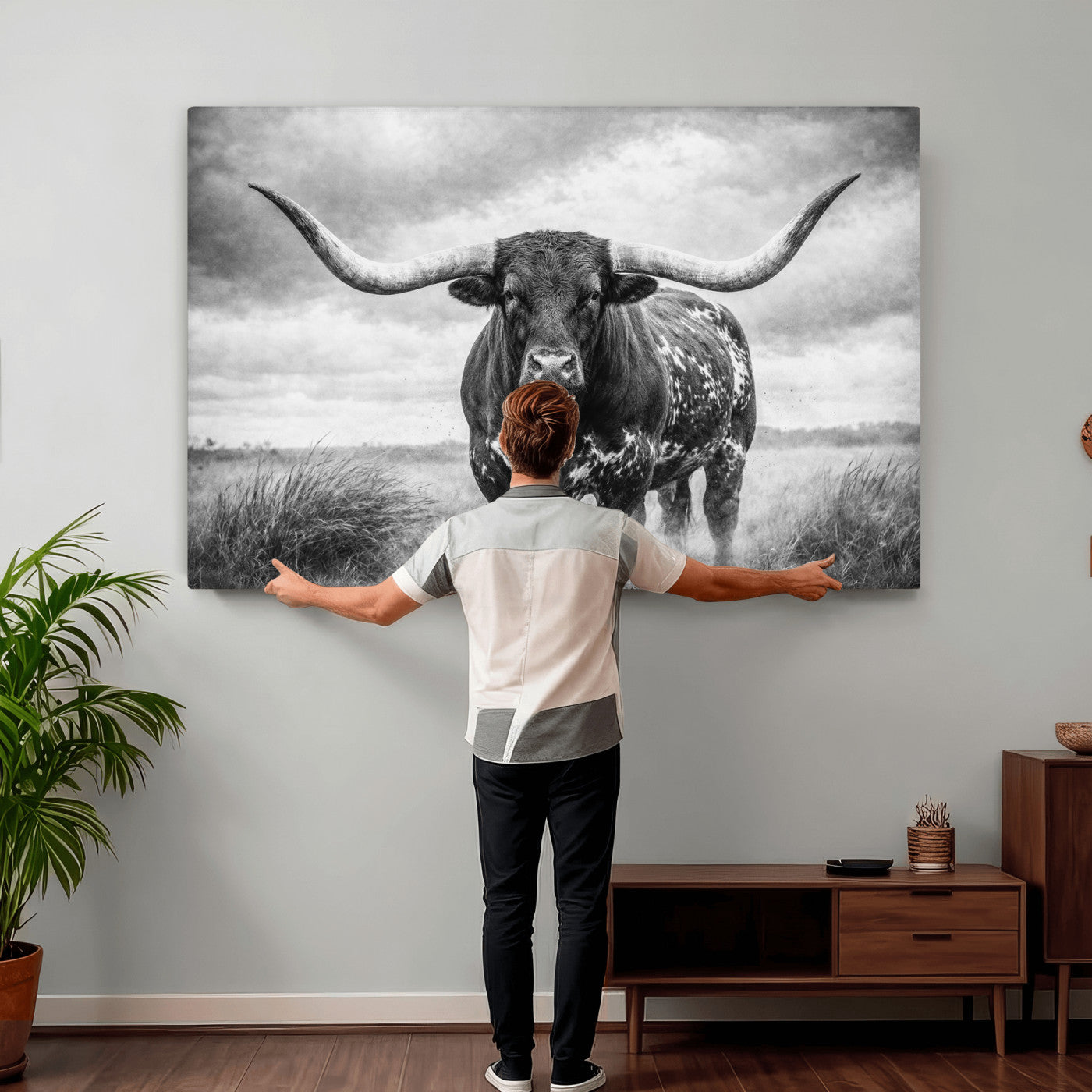 19951238-MGV-CV-36X24 - Texas Longhorn Canvas Wall Art Western Bull Desert Moody Grey Overcast Rustic Farmhouse Framed Large for Living Room Bedroom Office Decor