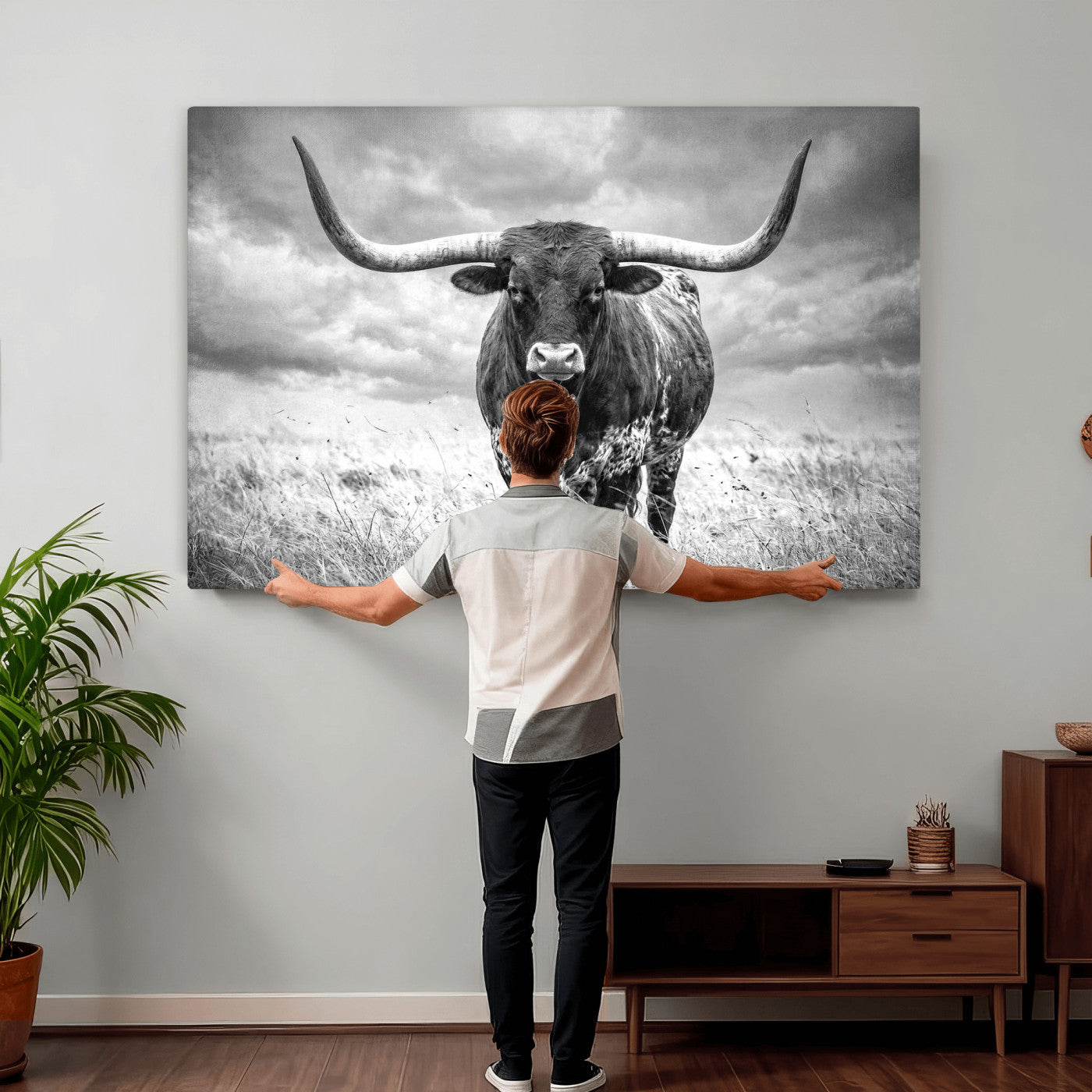 63336115-MGV-CV-36X24 - Texas Longhorn Canvas Wall Art Western Bull Desert Moody Grey Overcast Rustic Farmhouse Framed Large for Living Room Bedroom Office Decor