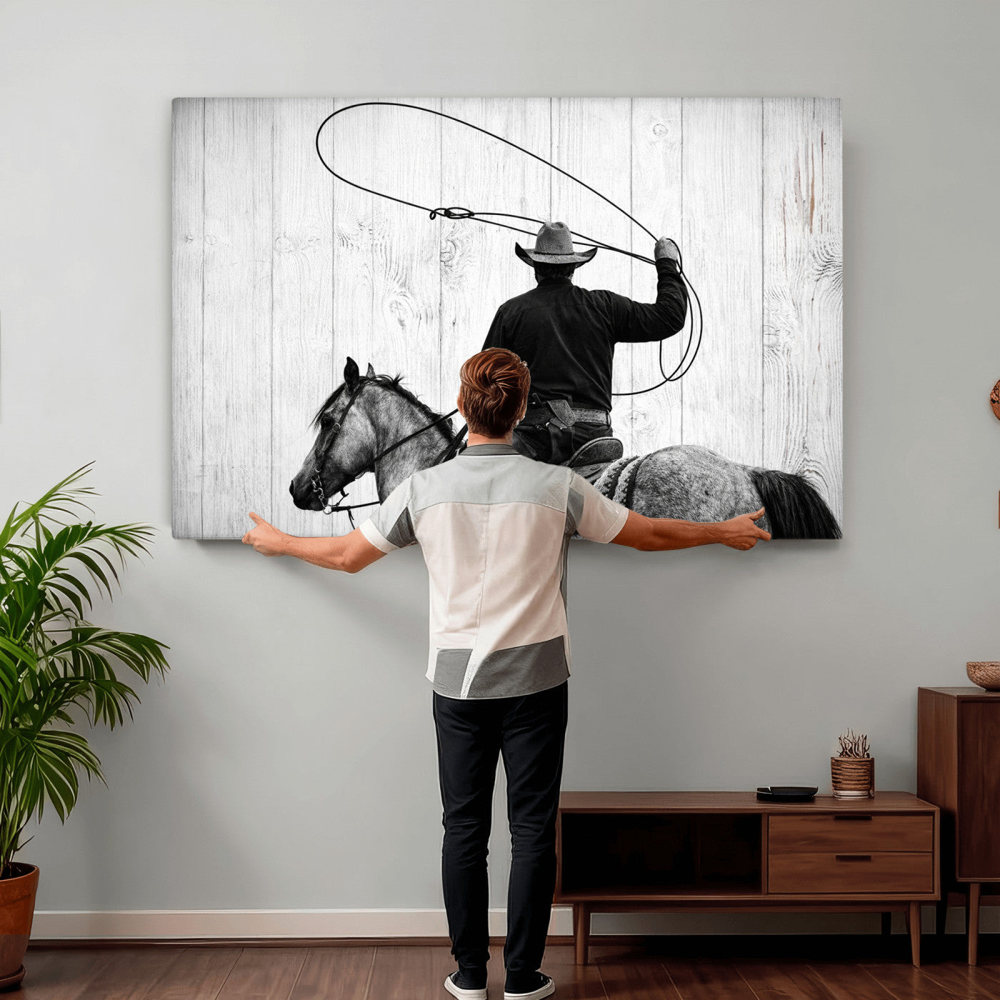 22569358-MGV-CV-36X24 - Cowboy Lasso Canvas Wall Art, Black White Western Horse Photo Print, Rustic Ranch Rodeo Decor, Farmhouse Western Art, Cowboy Gift for Him