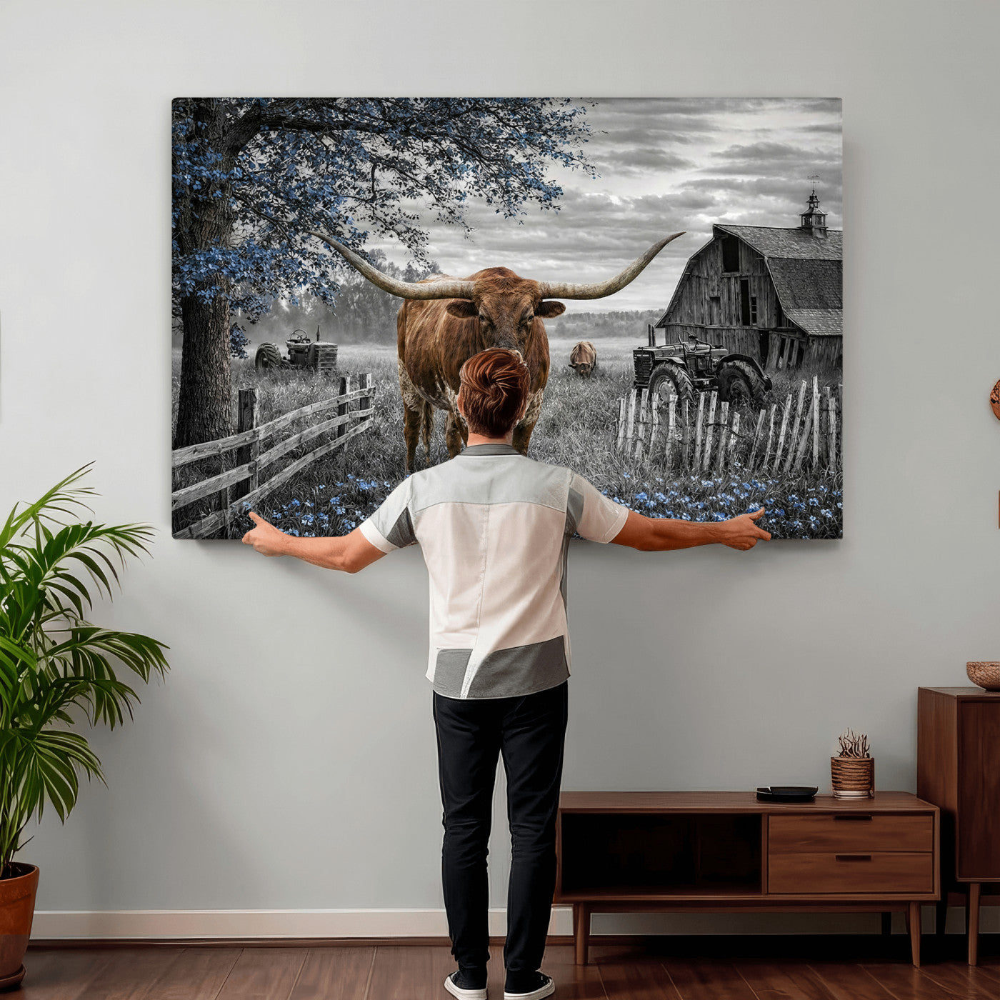 19366343-MGV-CV-36X24 - Texas Longhorn Canvas Wall Art, Rustic Farm Barn Bluebonnet Photography Print, Farmhouse Country Decor, Western Ranch Art, Old Truck Tractor Print