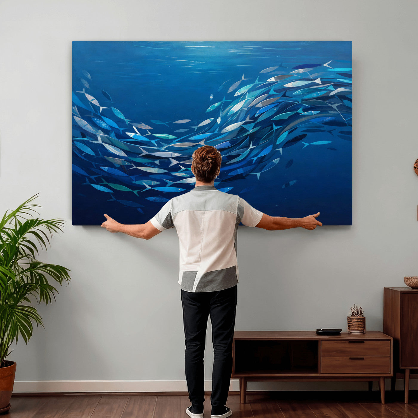 74325132-MGV-CV-36X24 - School of Fish Canvas Print | Blue Ocean Underwater Wall Art | Swirling Fish Shoal Illustration | Marine Navy Coastal Decor