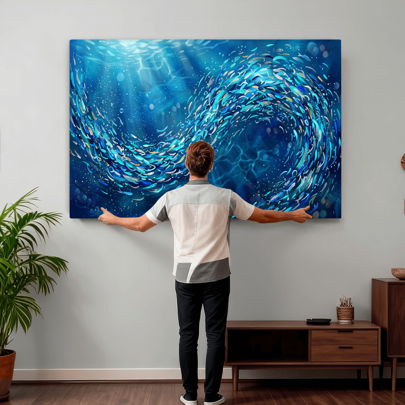 54535639-MGV-CV-36X24 - School of Fish Canvas Print | Blue Ocean Underwater Wall Art | Swirling Fish Shoal Illustration | Marine Navy Coastal Decor