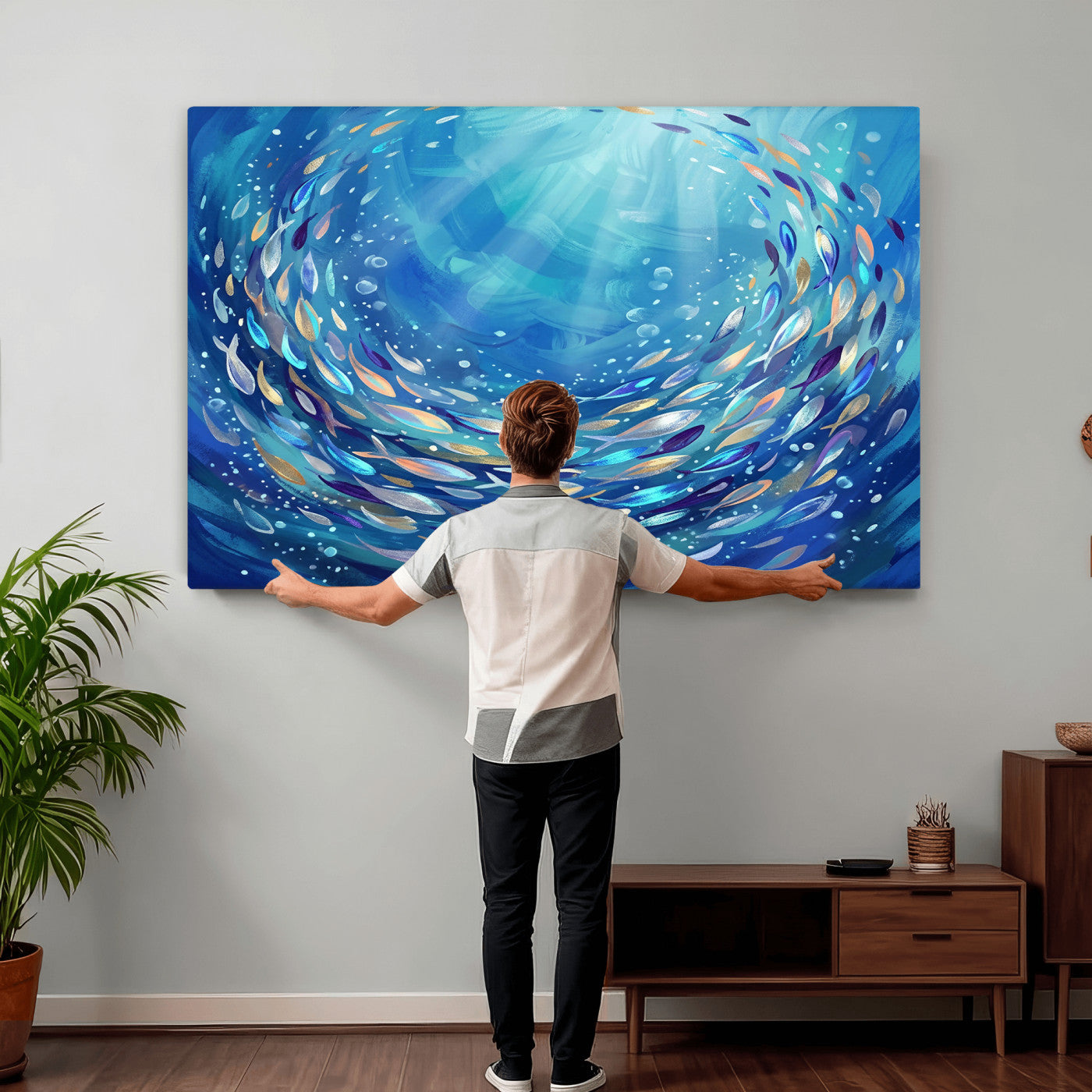 78699899-MGV-CV-36X24 - School of Fish Canvas Print | Blue Ocean Underwater Wall Art | Swirling Fish Shoal Illustration | Marine Navy Coastal Decor
