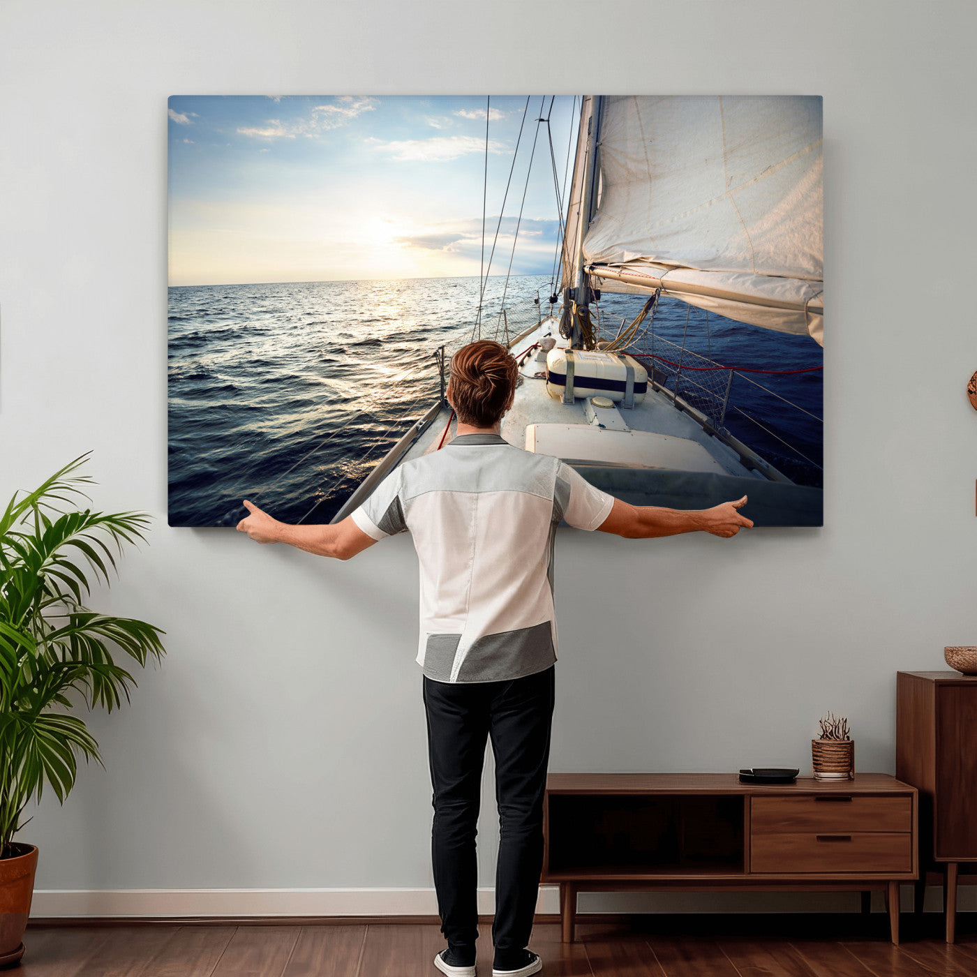76381335-MGV-CV-36X24 - Sailboat Wall Art Canvas Print, Ocean Sunset Sailing Framed Artwork, Coastal Nautical Seascape Decor for Living Room Office Beach House