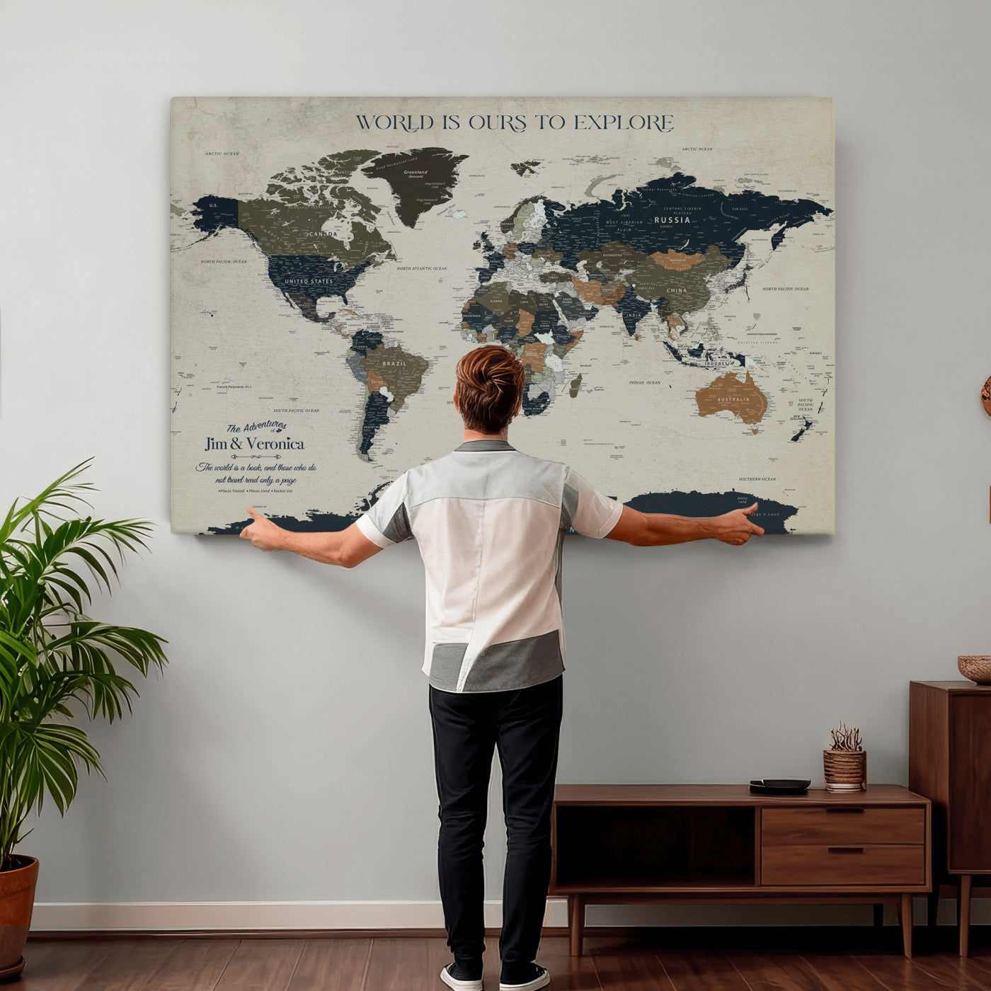 64110391126C-MGV-CV-36X24 - Custom Push Pin World Map Wall Art Canvas Print – Personalized Travel Tracker with Pins Framed Large for Home and Office Decor