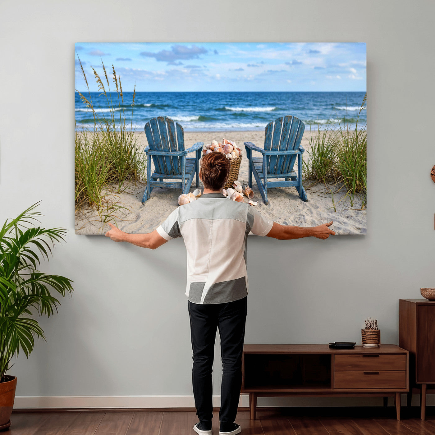 80268829-MGV-CV-36X24 - Large Beach Canvas Wall Art Coastal Adirondack Chairs Ocean Seashells Blue Nautical Framed Large for Living Room Bedroom Bathroom Decor