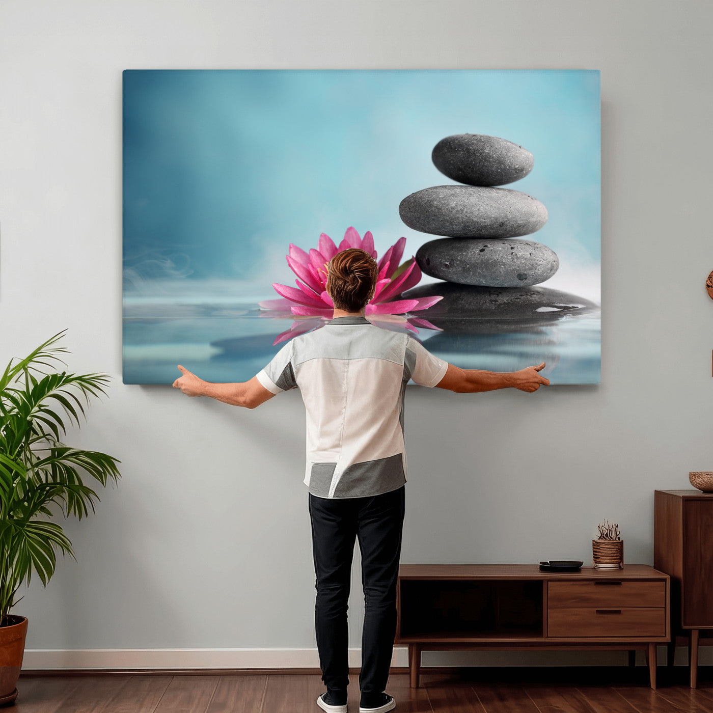 84293154-MGV-CV-36X24 - Zen Canvas Wall Art Lotus Flower Stacked Stones Teal Spa Meditation Relaxation Framed Large for Bathroom Bedroom Living Room Office Decor