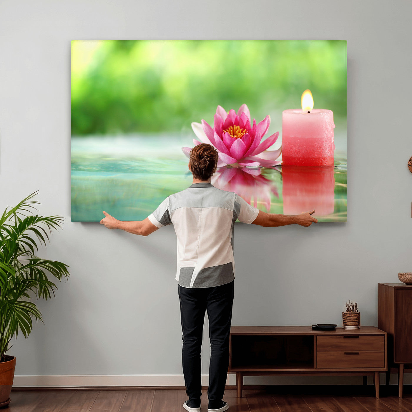 17661715-MGV-CV-36X24 - Zen Lotus Candle Canvas Wall Art Pink Spa Meditation Relaxation Green Bokeh Framed Large for Bathroom Bedroom Living Room Office Decor