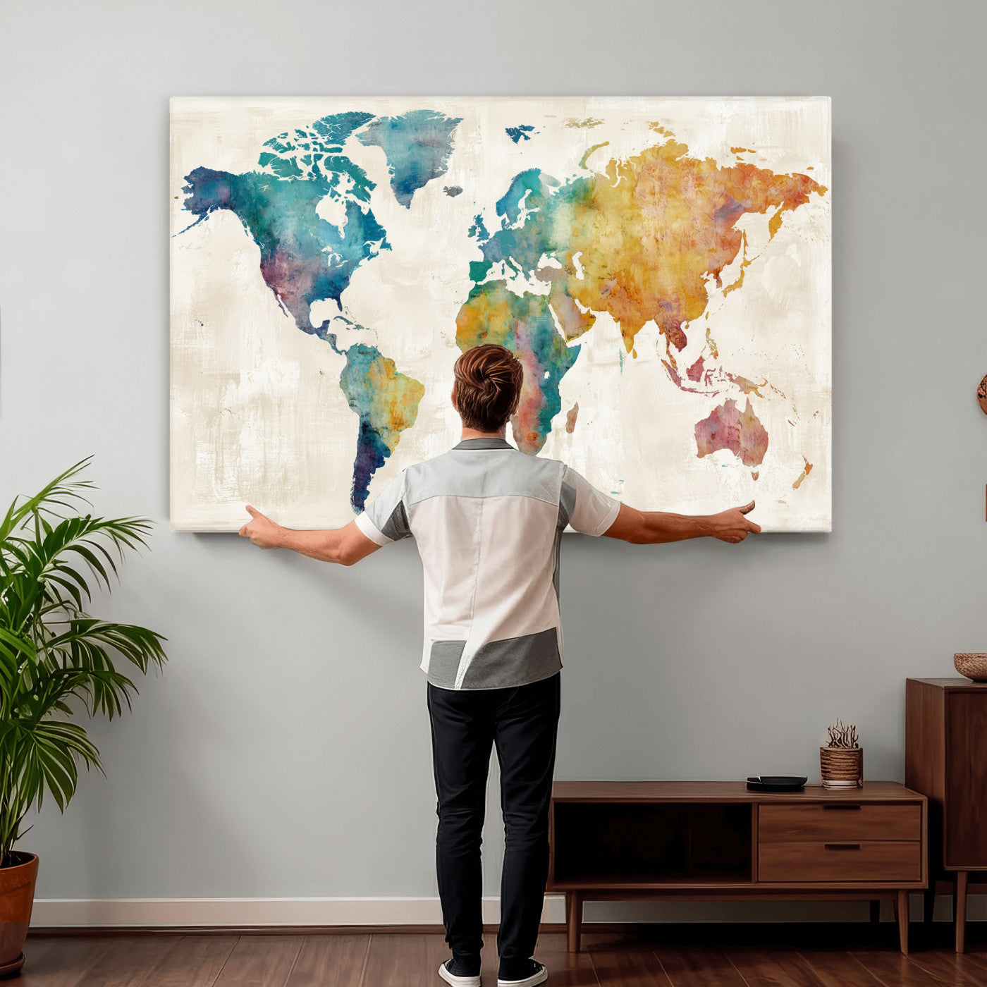 56556018-MGV-CV-36X24 - Watercolor World Map Canvas Wall Art Print – Abstract Colorful Travel Wall Decor