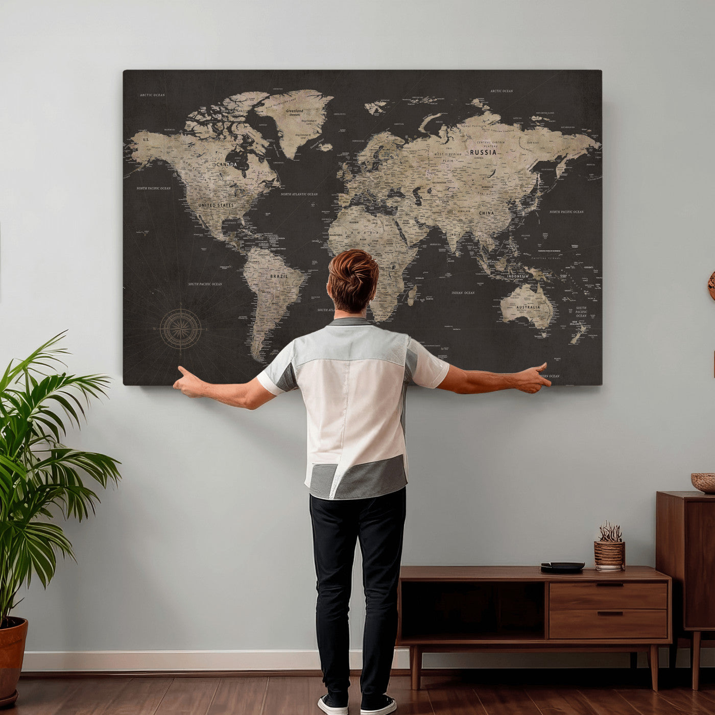 56556018136-MGV-CV-36X24 - World Map Canvas Wall Art Dark Charcoal Antique Tan Detailed Every Country Labeled Framed Large for Home Office Living Room Bedroom Decor