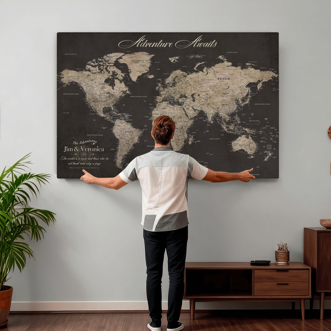 56556018136C-MGV-CV-36X24 - Custom World Map with Pins Canvas Wall Art Dark Charcoal Antique Tan Detailed Every Country Labeled Framed Large for Home Office Living Room Bedroom Decor