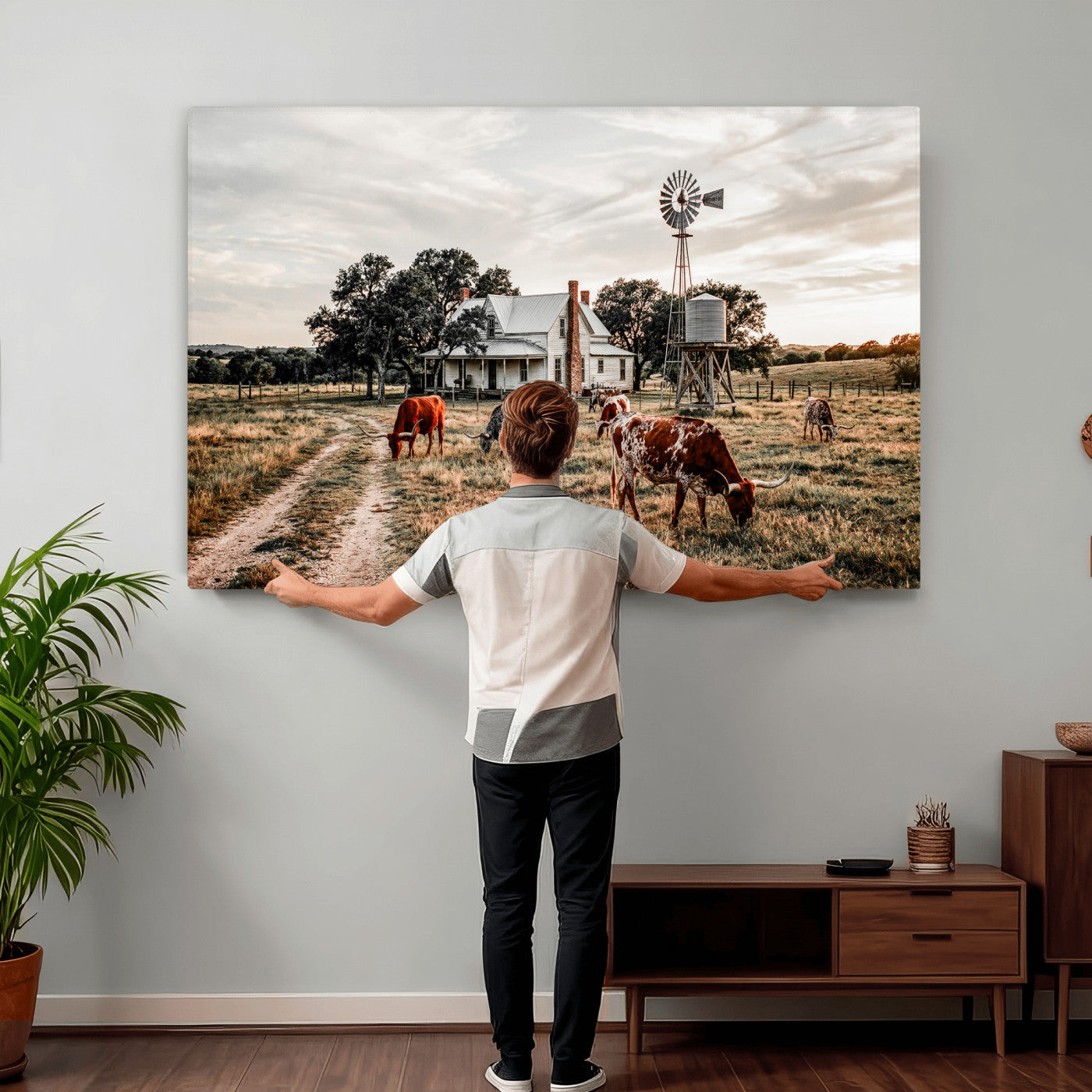 92429425-MGV-CV-36X24 - Texas Longhorn Ranch Wall Art Canvas Print, Rustic Western Farmhouse Decor, Country Landscape Canvas Wall Art, Vintage Cowboy Ranch Picture