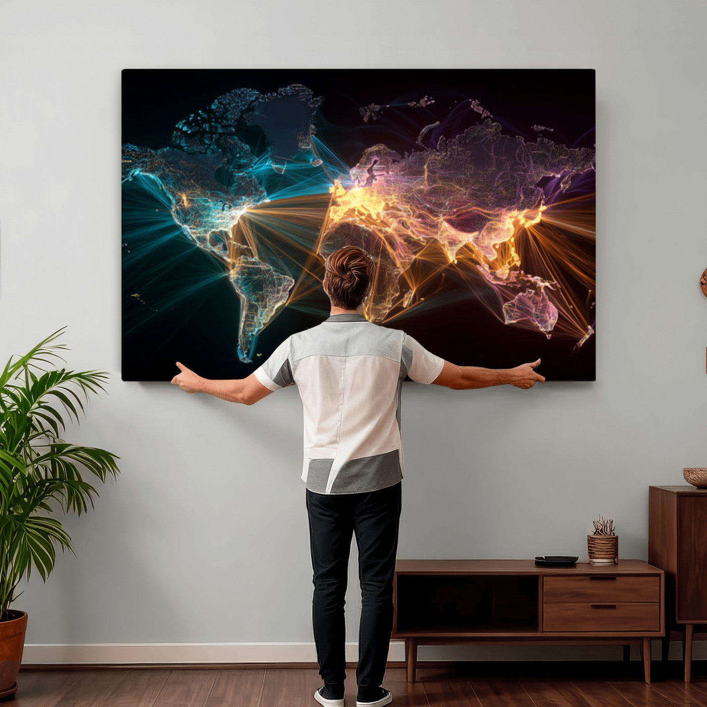 14891737-MGV-CV-36X24 - World Map and Global Flight Routes Map Canvas Wall Art, Worldwide Aviation Network Print, International Air Travel Wall Decor