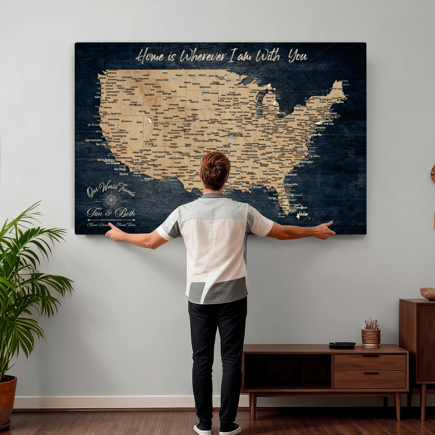 48467834-MGV-CV-36X24 - Custom Push Pin US Map Canvas | Personalized Travel Tracker | USA Cities Map Anniversary Gift for Couples | Adventure America Map Wall Art with Pins