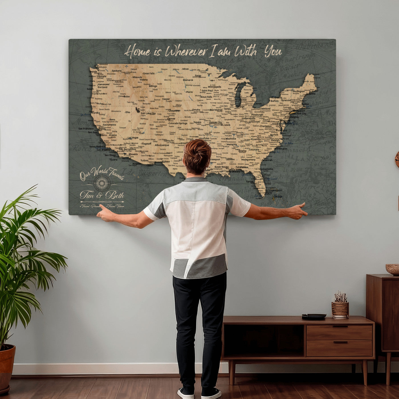 41270900-MGV-CV-36X24 - Custom Push Pin US Map Canvas | Personalized Travel Tracker | USA Cities Map Anniversary Gift for Couples | Adventure America Map Wall Art with Pins