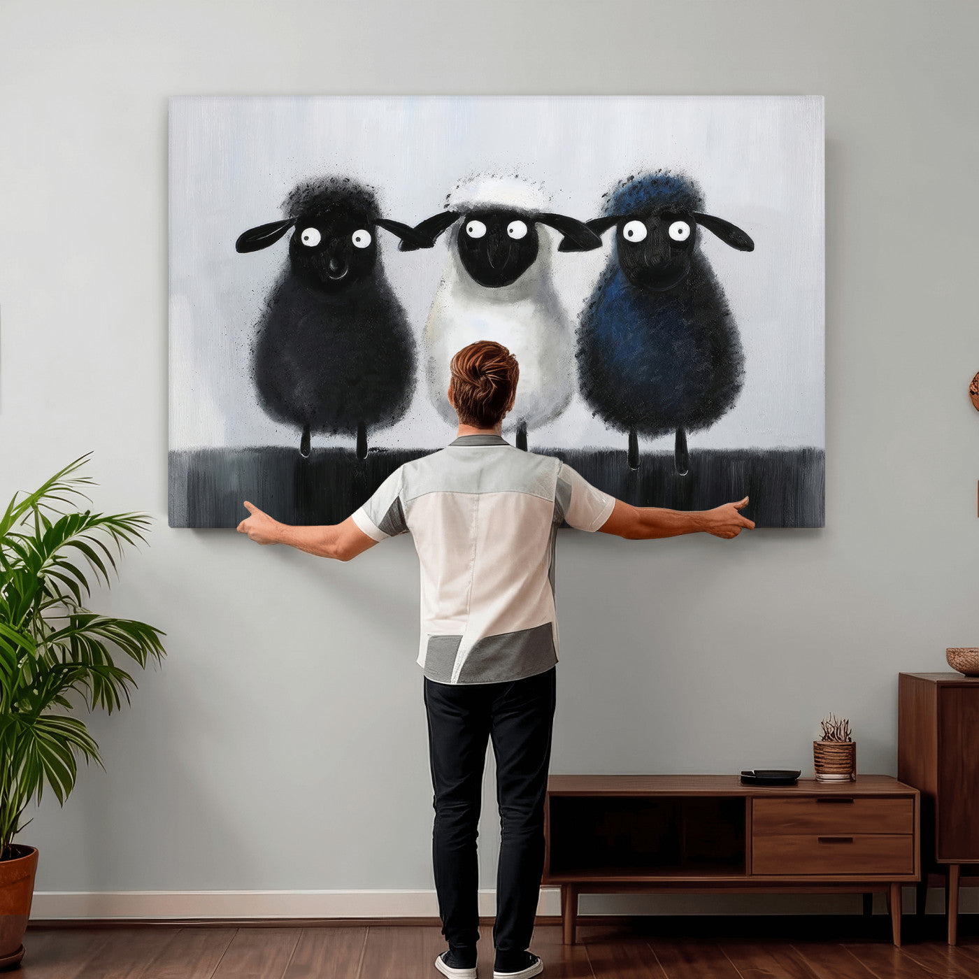 45650028-MGV-CV-36X24 - Funny Sheep Canvas Wall Art, Three Quirky Sheep Painting Print, Cute Animal Nursery Decor, Black White Navy Farmhouse Art, Kids Room Gift