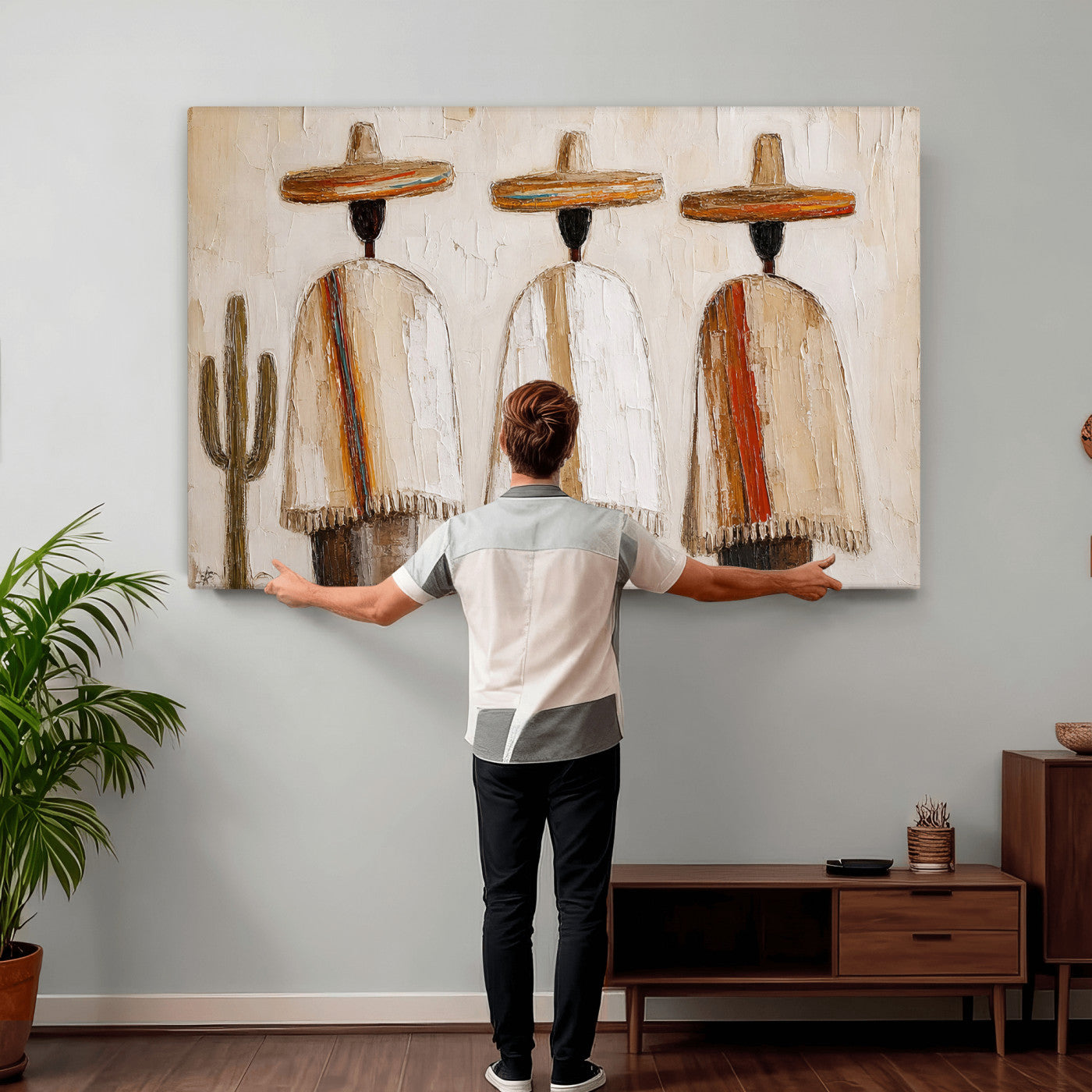 72884785-MGV-CV-36X24 - Mexican Folk Art Canvas Wall Art, Southwestern Sombrero Poncho Painting, Neutral Earthy Boho Decor, Fiesta Living Room Art, Impasto Style Print