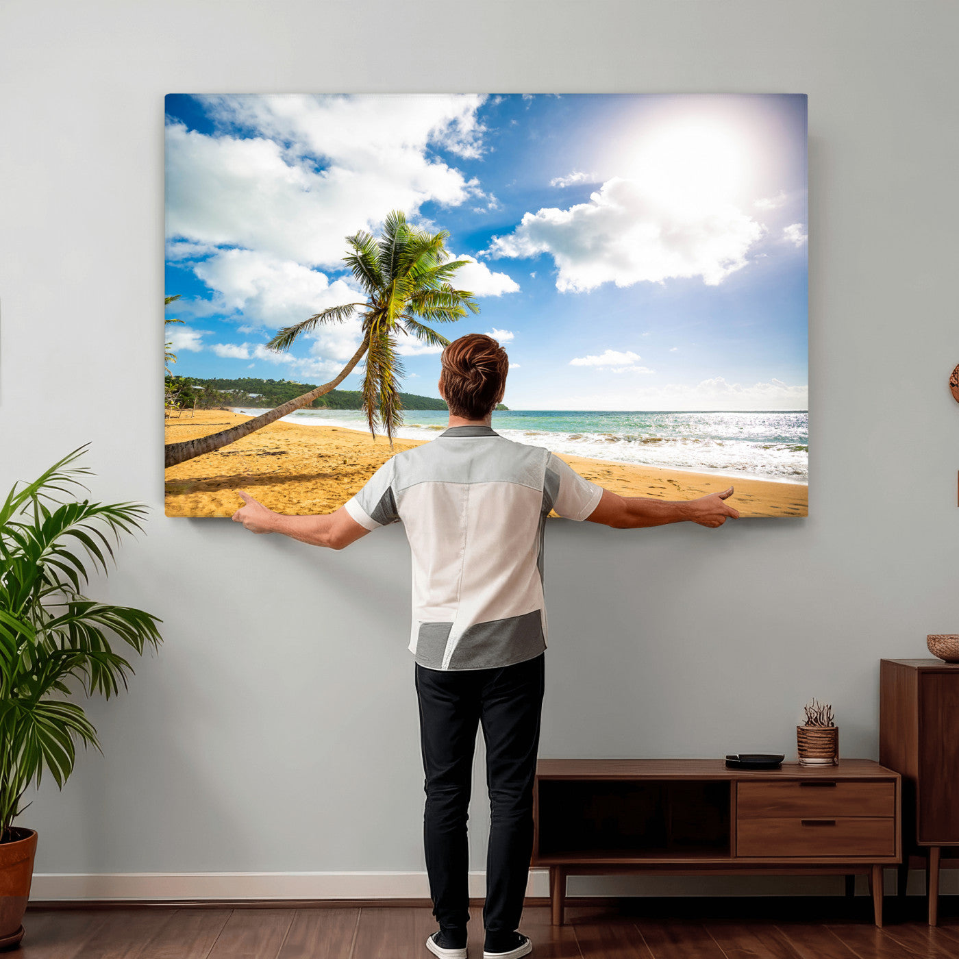 79108949-MGV-CV-36X24 - Tropical Beach Canvas Wall Art, Palm Tree Ocean Photo Print, Coastal Living Room Decor, Turquoise Sea Beach House Art, Summer Wall Art