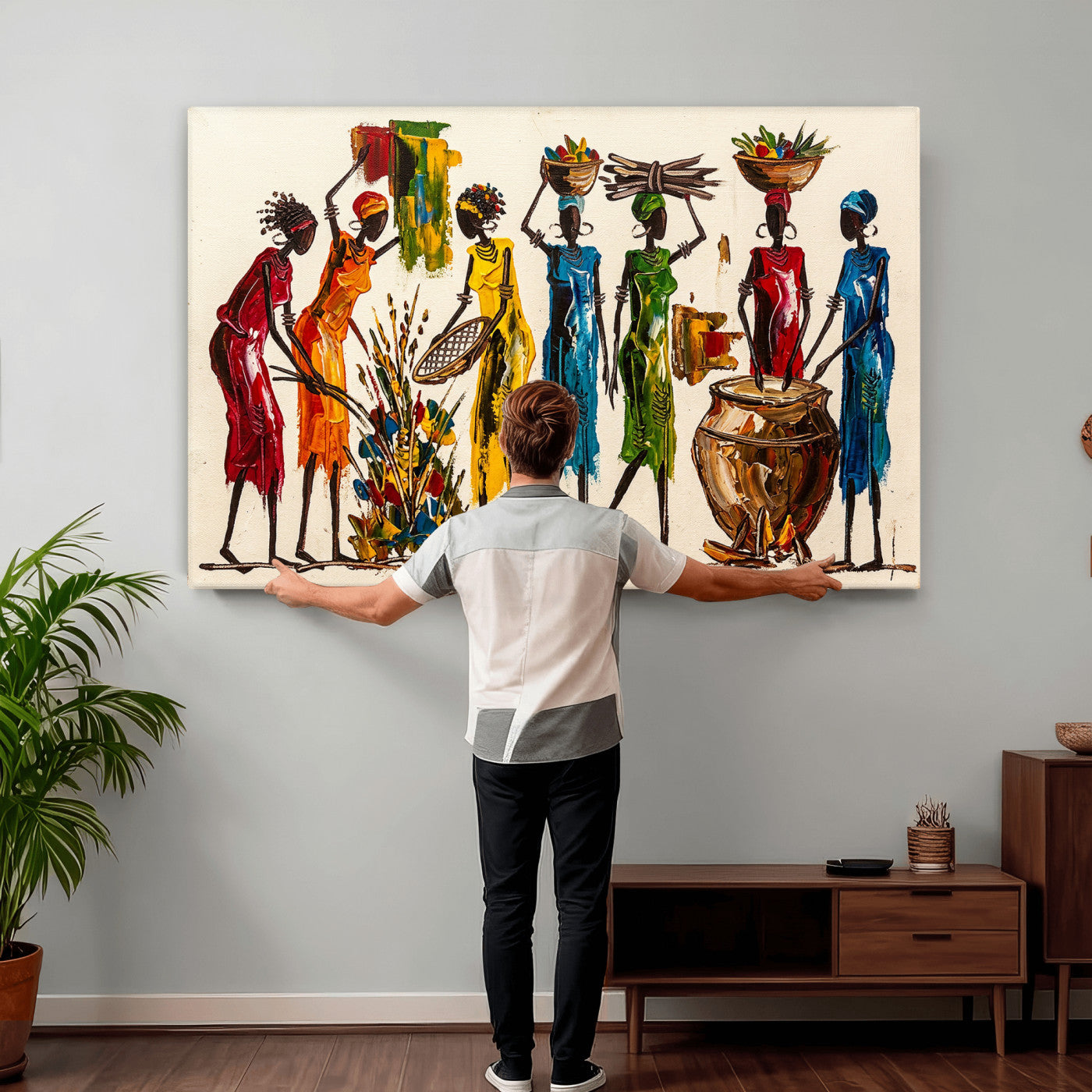 83463154-MGV-CV-36X24 - African Folk Art Canvas Wall Art, Colorful African Women Village Painting Print, Tribal Ethnic Home Decor, Vibrant African Art, Living Room