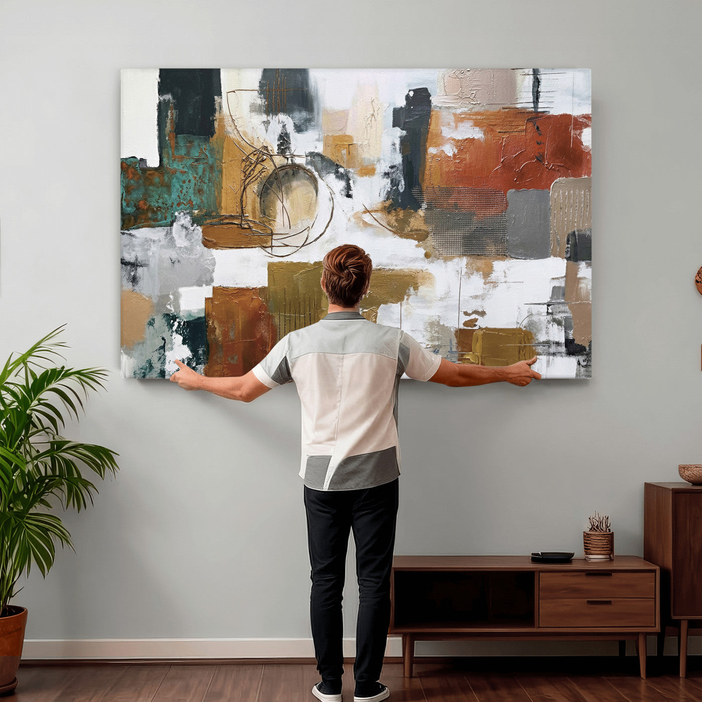 50720312-MGV-CV-36X24 - Blue Teal Abstract Canvas Wall Art, Modern Textured Painting Print, Navy Orange White Contemporary Art, Neutral Living Room Decor, Office Art