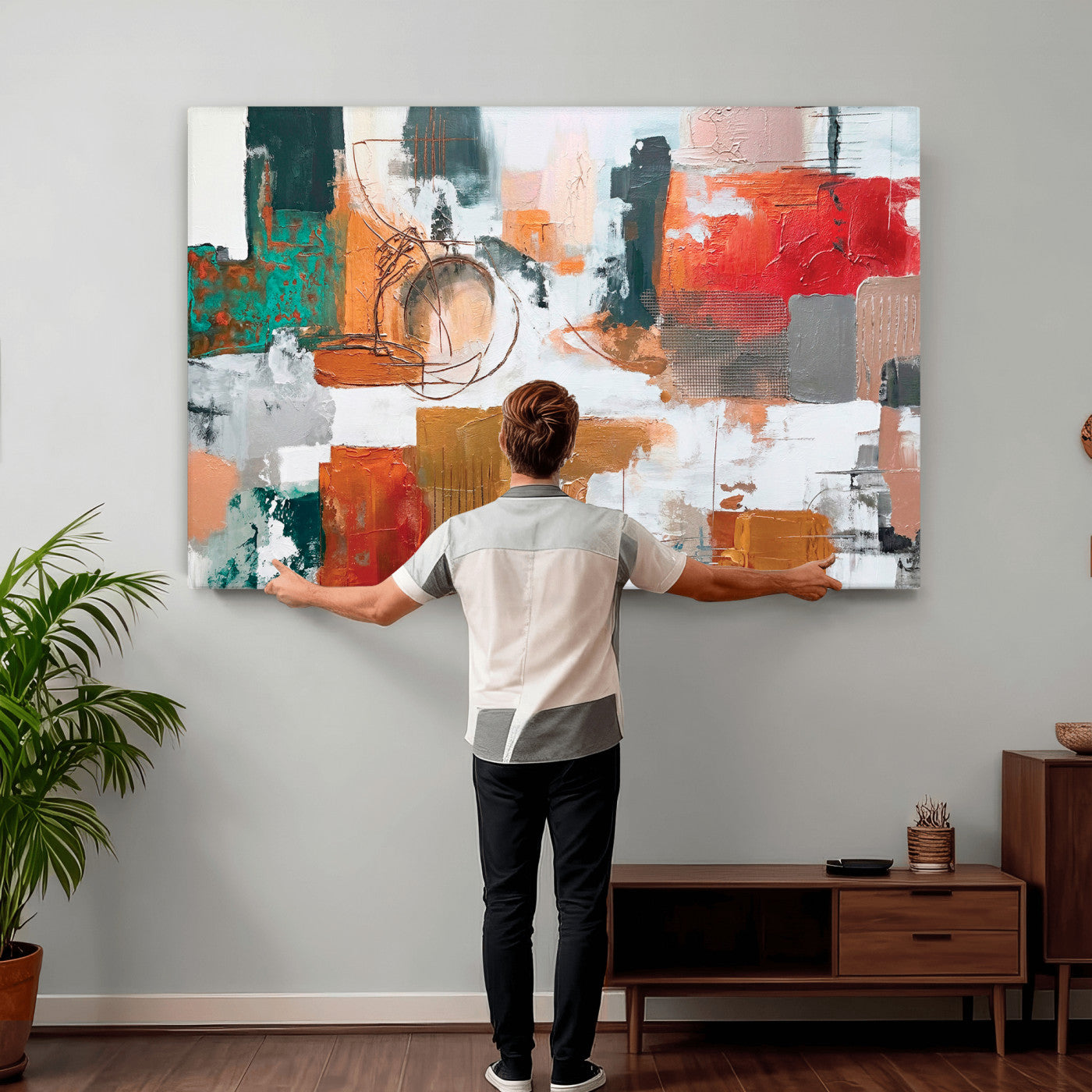 50720312-MGV-CV-36X24 - Blue Teal Abstract Canvas Wall Art | Modern Textured Painting Print, Navy Orange White Contemporary Art, Neutral Living Room Decor, Office Art.