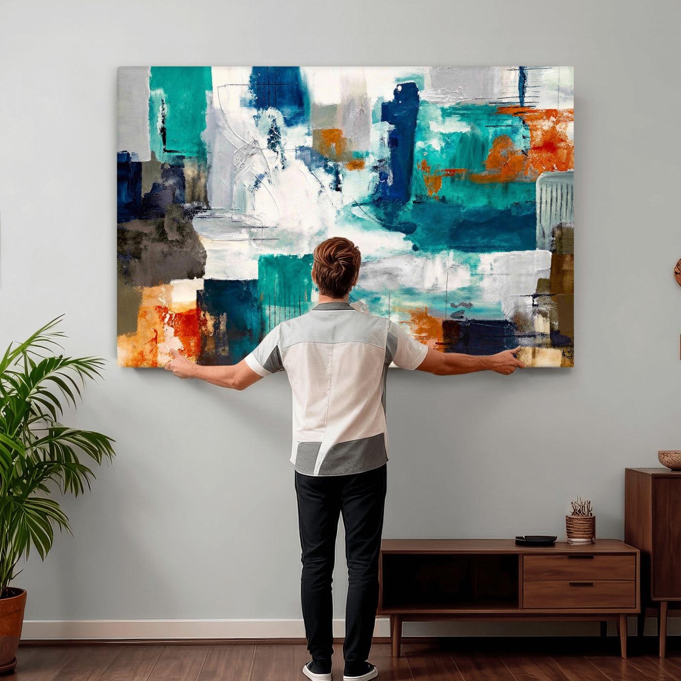 44038089-MGV-CV-36X24 - Blue Teal Abstract Canvas Wall Art, Modern Textured Painting Print, Navy Orange White Contemporary Art, Neutral Living Room Decor, Office Art