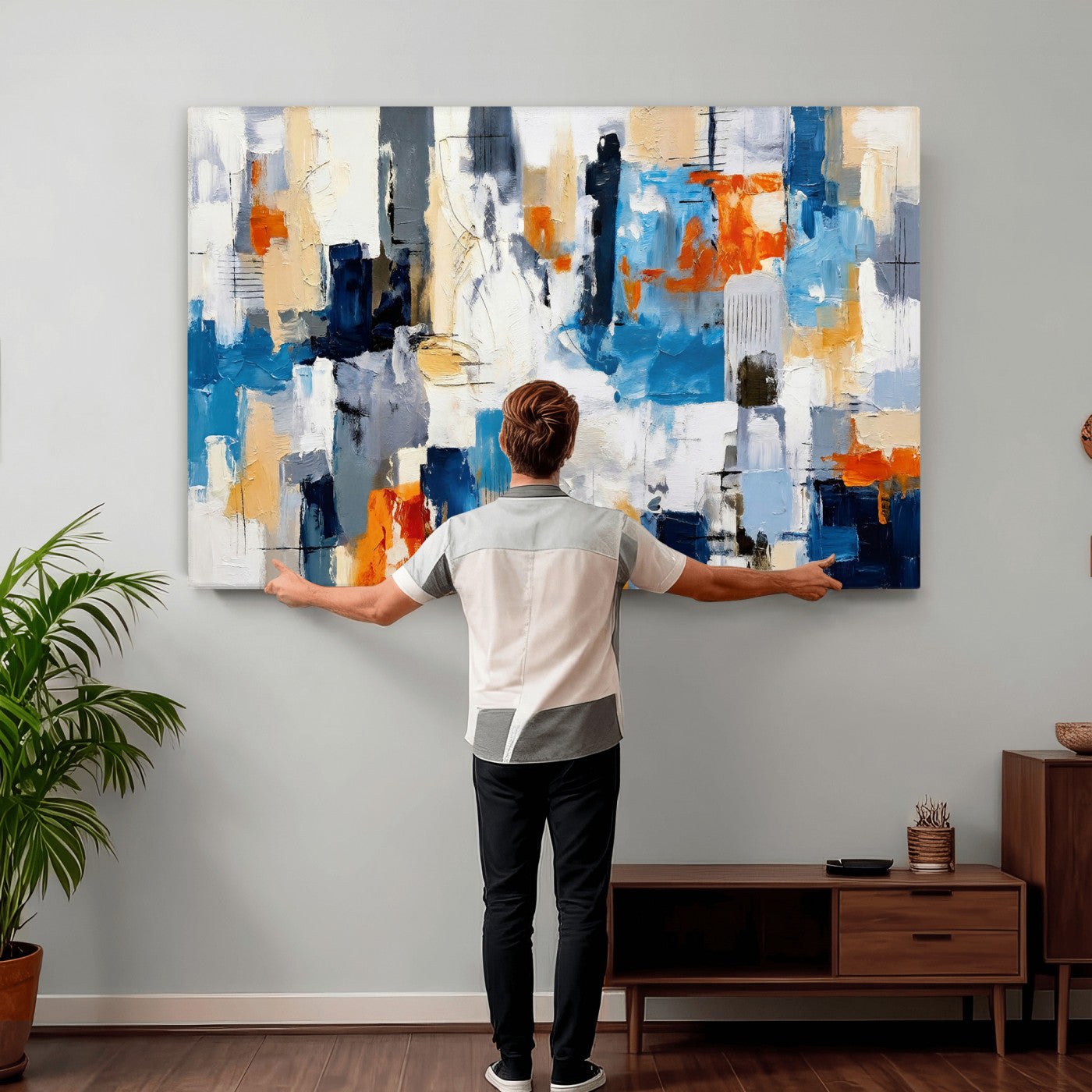 83915061-MGV-CV-36X24 - Blue Teal Abstract Canvas Wall Art, Modern Textured Painting Print, Navy Orange White Contemporary Art, Neutral Living Room Decor, Office Art