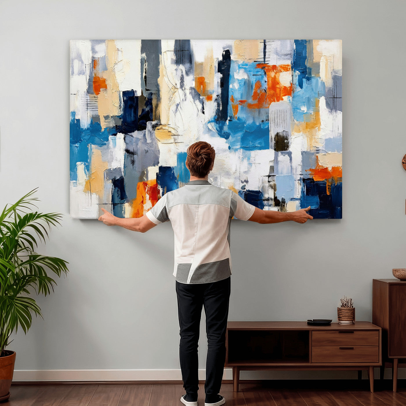 83915061-MGV-CV-36X24 - Blue Teal Abstract Canvas Wall Art, Modern Textured Painting Print, Navy Orange White Contemporary Art, Neutral Living Room Decor, Office Art