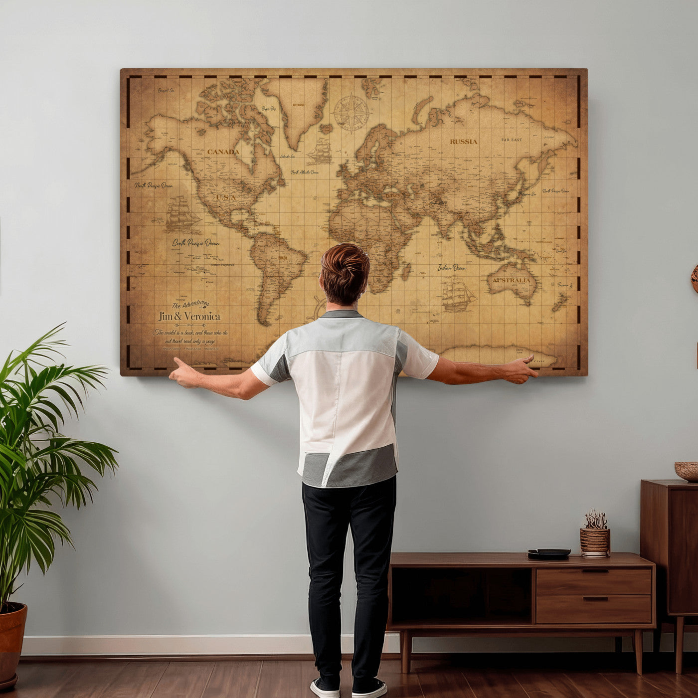 55328610-MGV-CV-36X24 - Personalize Push Pin World Map, Vintage Travel Map Canvas, Custom Names Anniversary Gift, Places Visited Pin Board, Couples Adventure Arts