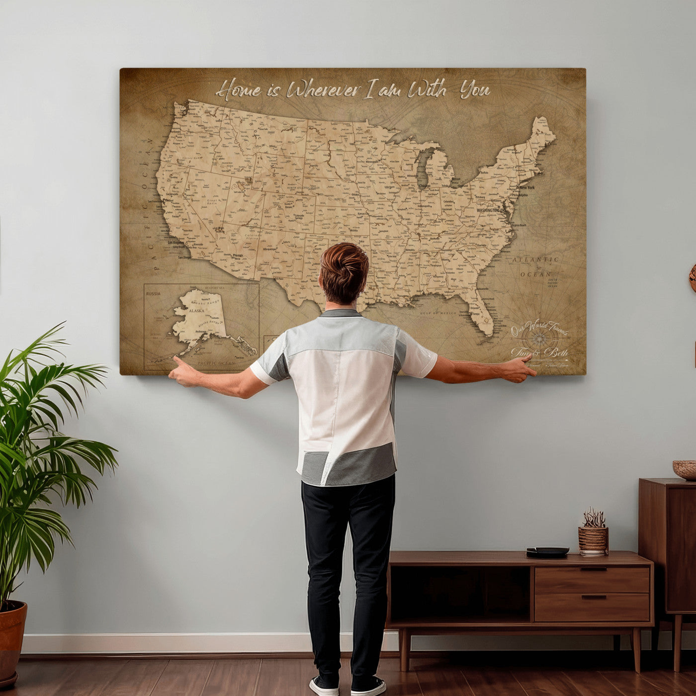 21454917-MGV-CV-36X24 - Personalized USA Push Pin Travel Map, Custom United States Map, Push Pin Map, USA Bucket List Map, Anniversary Gift - Couple Travel Map Wall Art