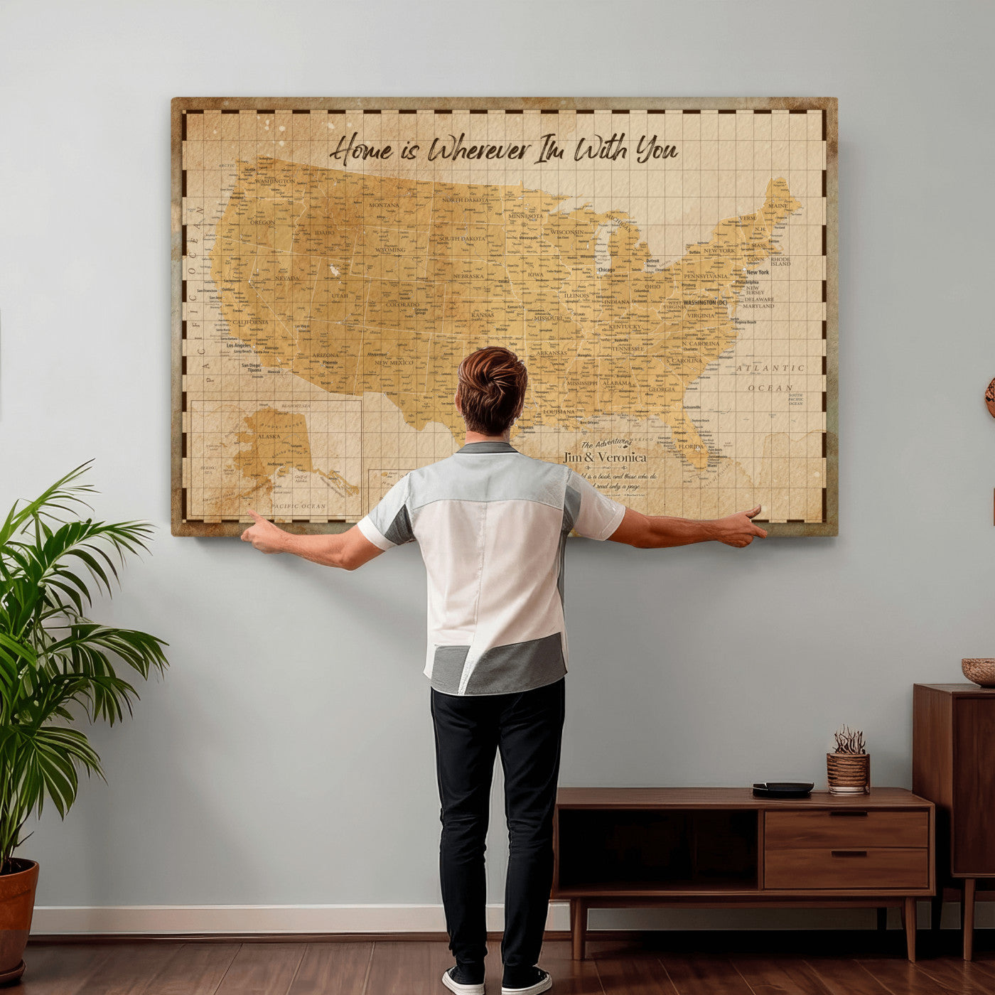62164711-MGV-CV-36X24 - Personalized USA Push Pin Travel Map, Custom United States Map, Push Pin Map, USA Bucket List Map, Anniversary Gift - Couple Travel Map Wall Art