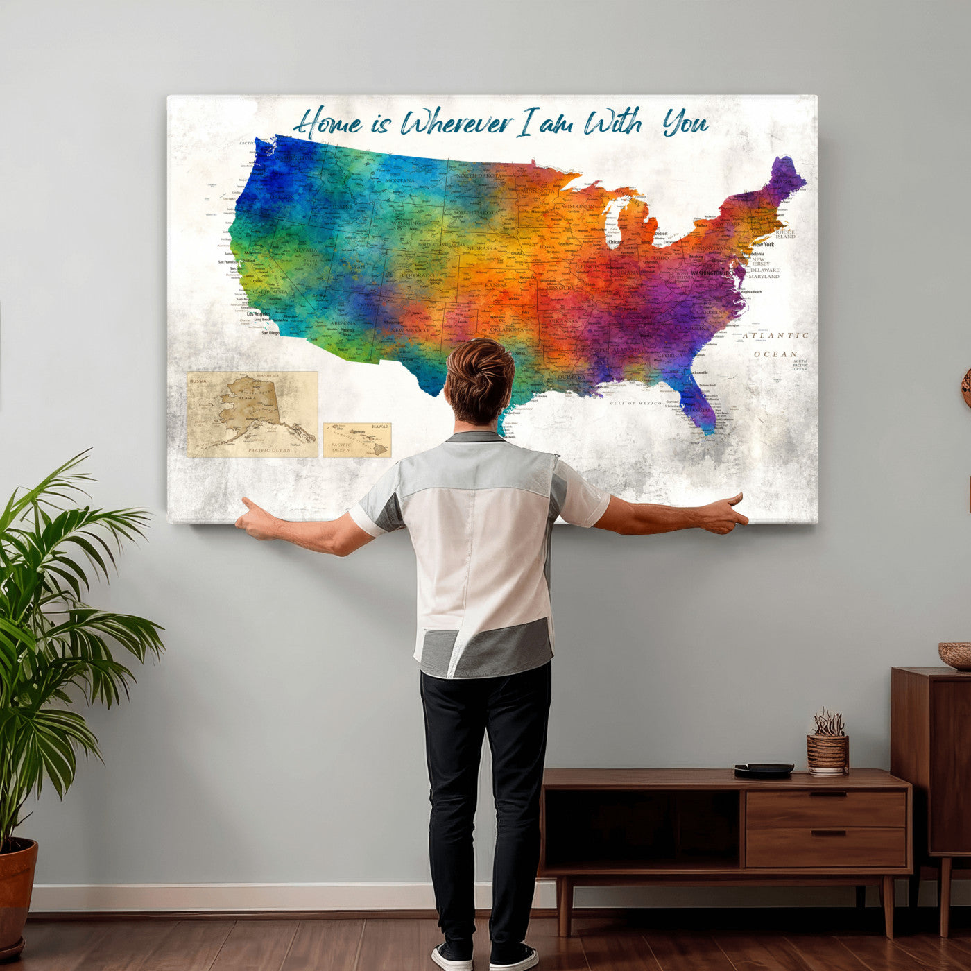17251793-MGV-CV-36X24 - Watercolor USA Travel Map with Pins Colorful Modern Canvas Wall Art