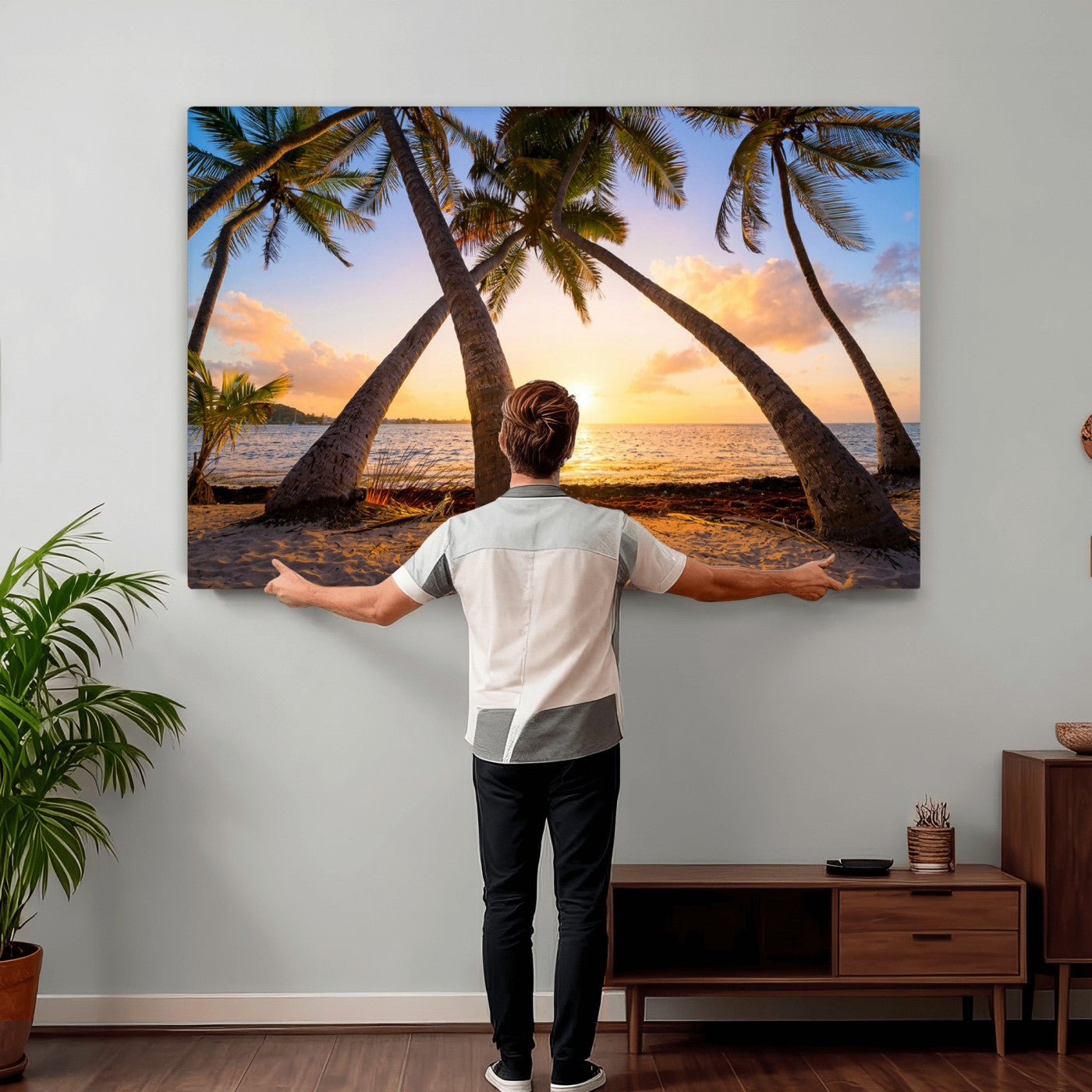 75123213-MGV-CV-36X24 - Tropical Island Coconut Palm Trees Sunset Wall Art Canvas Print - Turquoise Beach Print for Nautical Home Decor
