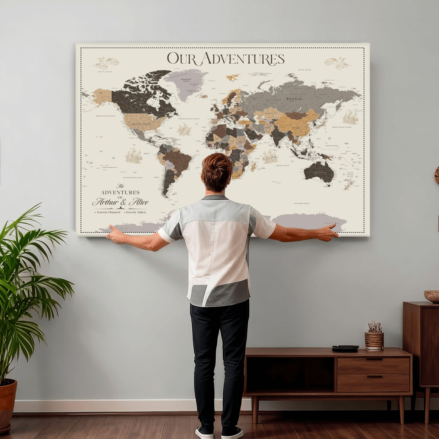 58777746A-MGV-CV-36X24 - Push Pin Customize World Map Wall Art Canvas Print, Modern Decorative Framed Map Artwork Prints for Living Room, Office, Bedroom Wall Decor