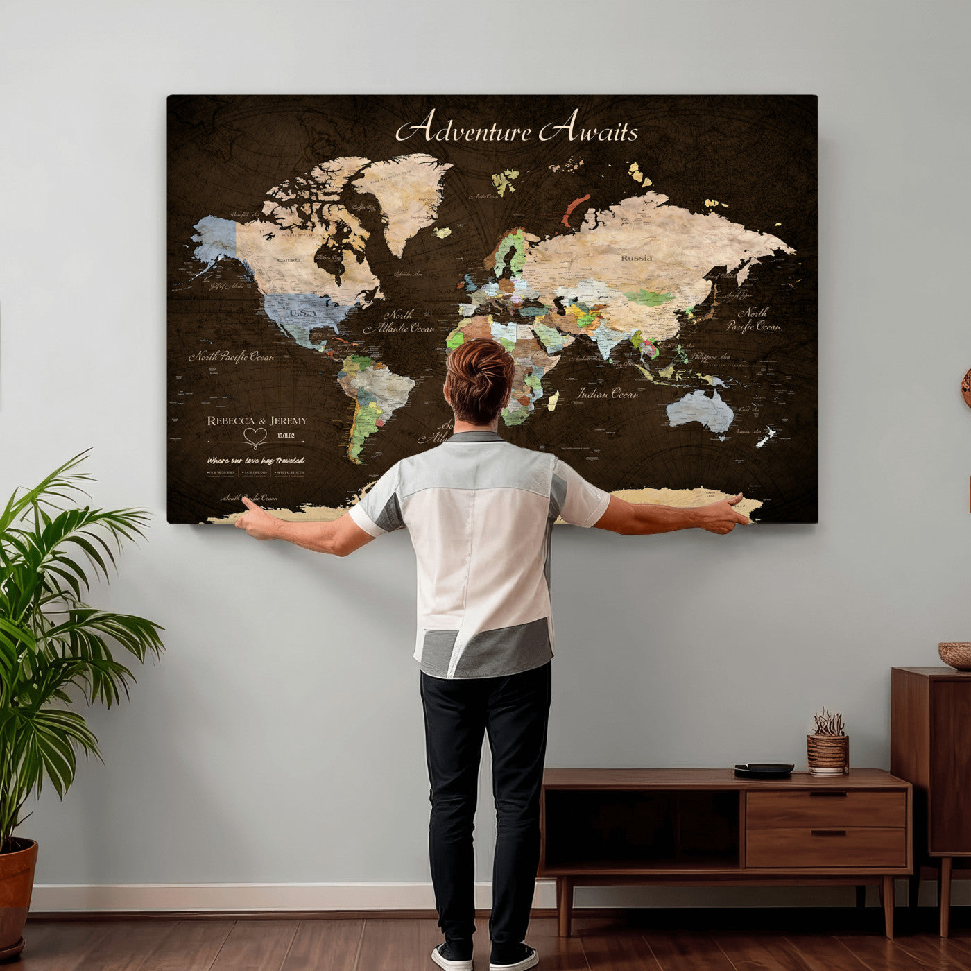95753799-MGV-CV-36X24 - Custom Push Pin World Map Canvas Print – Personalized Travel Map Wall Art