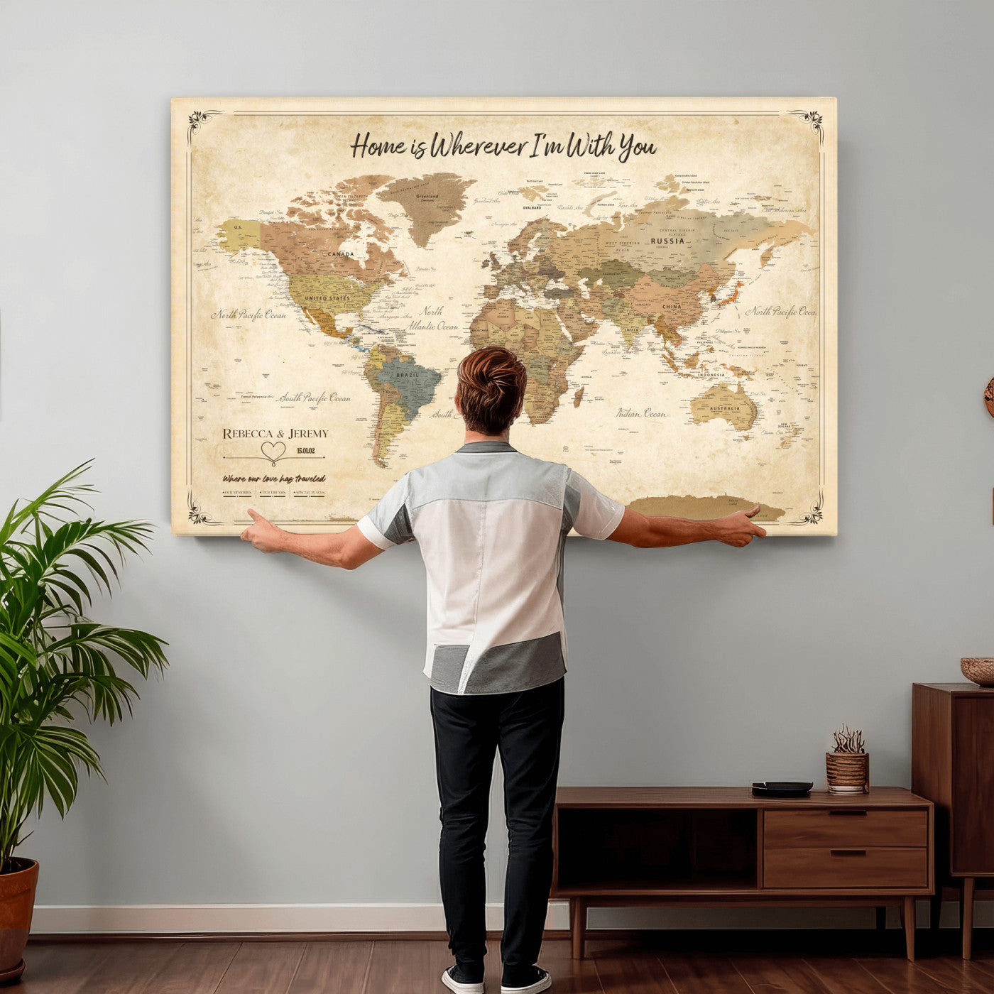40086165-MGV-CV-36X24 - Framed Vintage Custom Push Pin World Map Canvas Print – Personalized Travel Map Wall Art