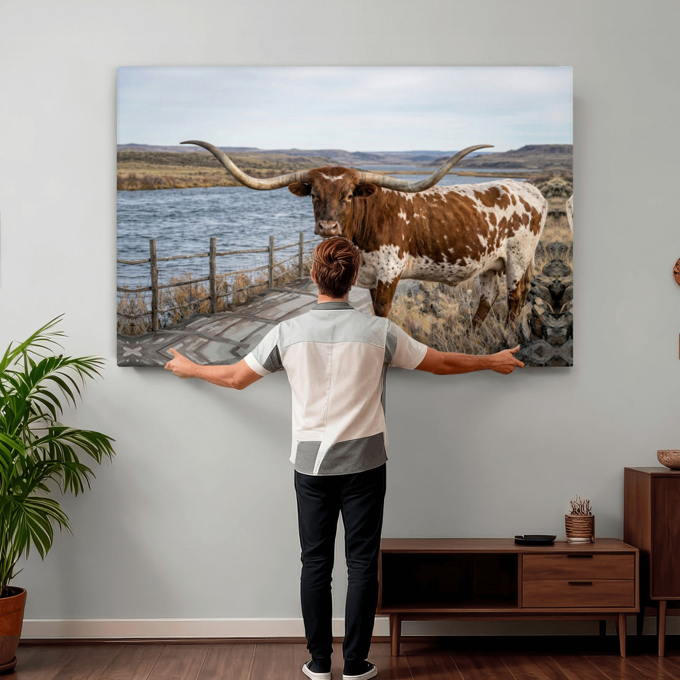 91575949-MGV-CV-36X24 - Texas Longhorn Cattle in Desert Pasture Wall Art Canvas Print - Rustic Western Decor