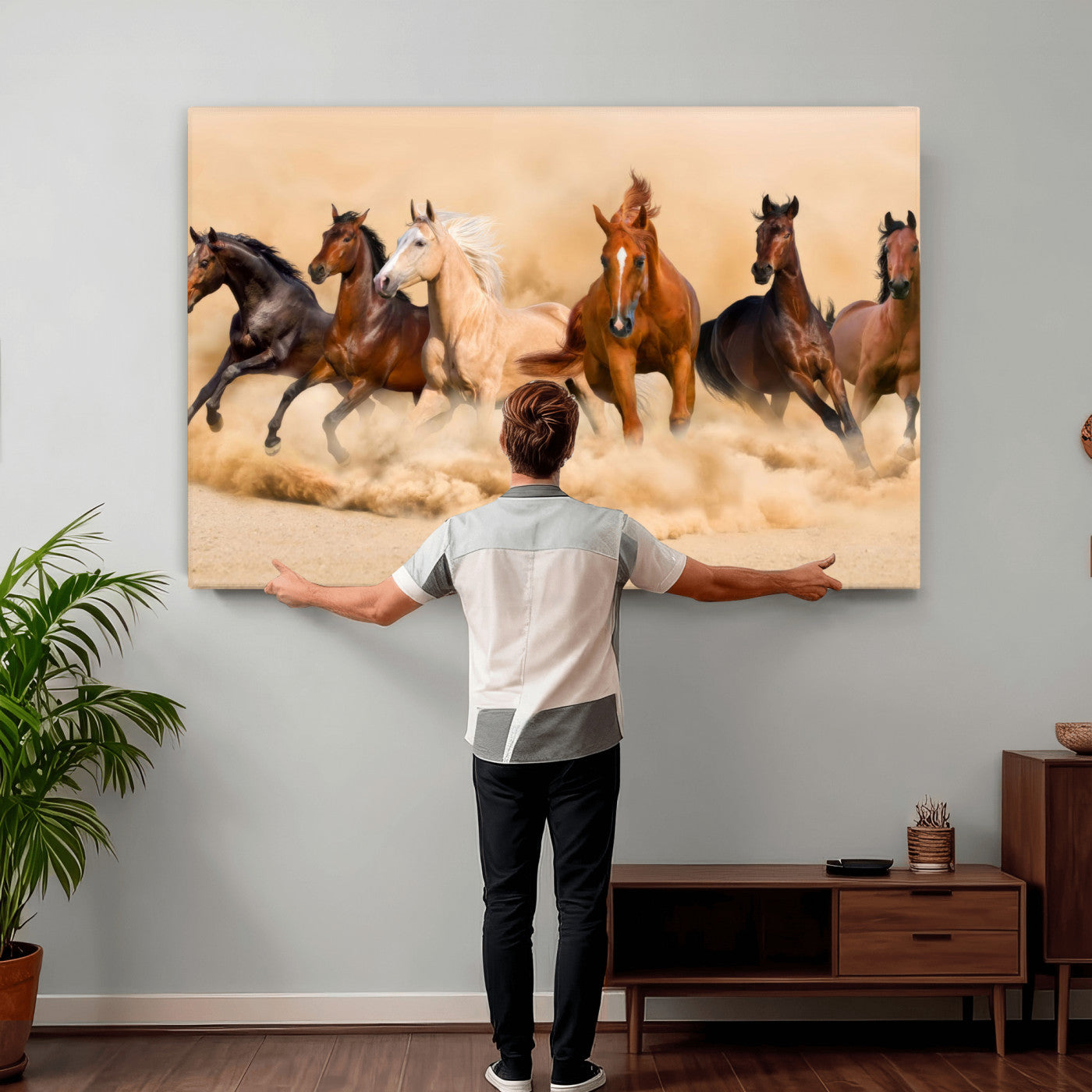 90610949-MGV-CV-36X24 - Herd of Six Wild Horses Galloping in Dust Storm Wall Art Canvas Print - Majestic Wildlife Decor