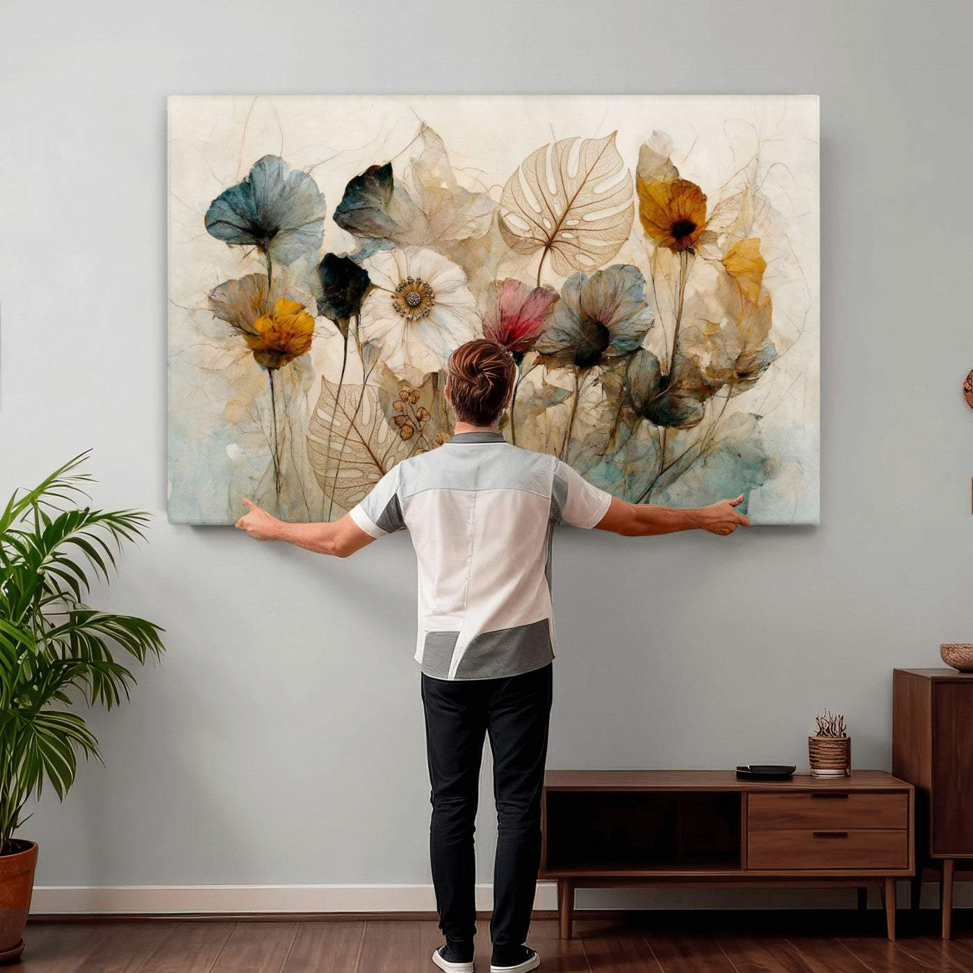 93171612-MGV-CV-36X24 - Vintage Dried Floral Meadow Wall Art Canvas Print, Translucent Watercolor Flowers Painting Print