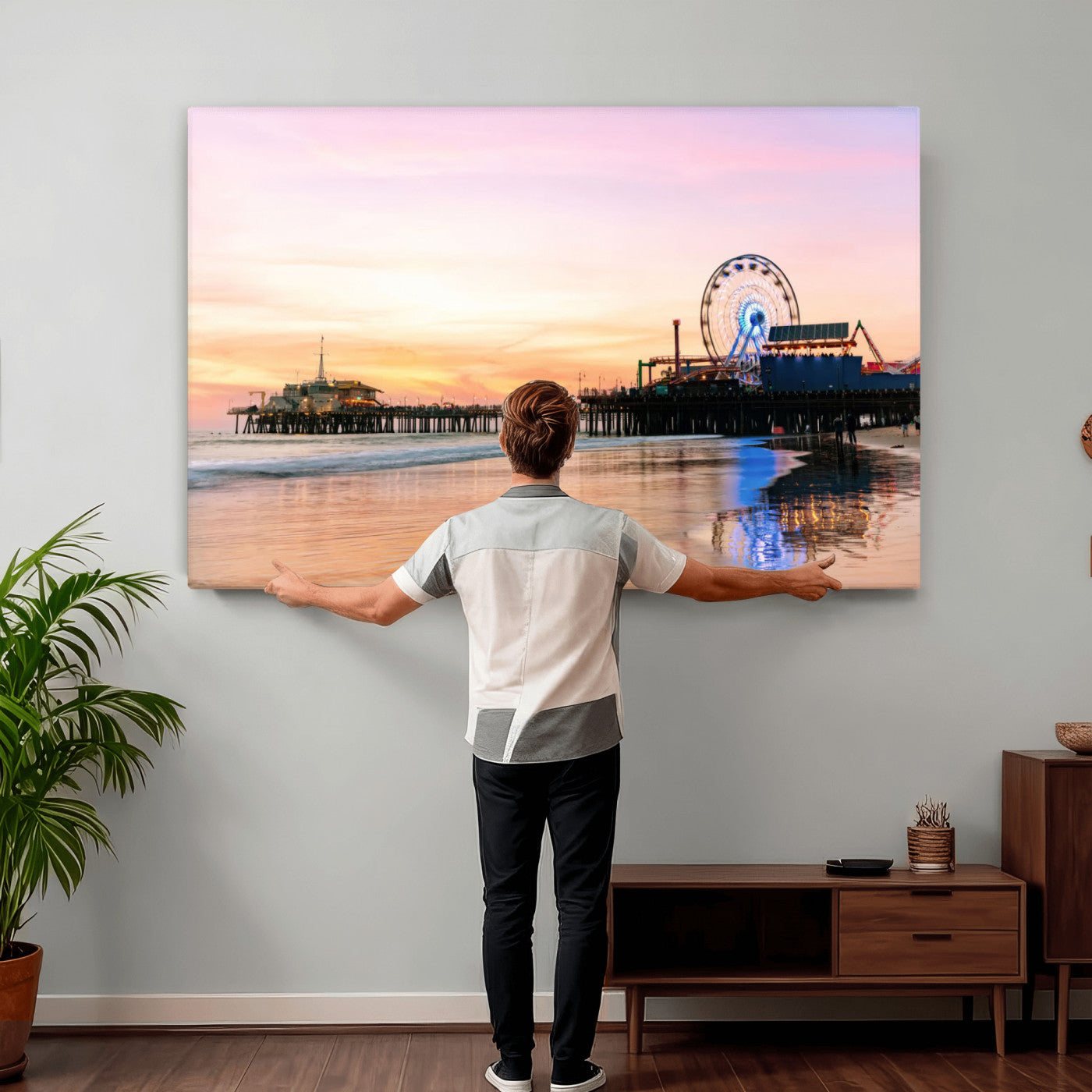 27381272-MGV-CV-36X24 - Santa Monica Pier Sunset Beach Wall Art Canvas Print, California Ferris Wheel Photo Print