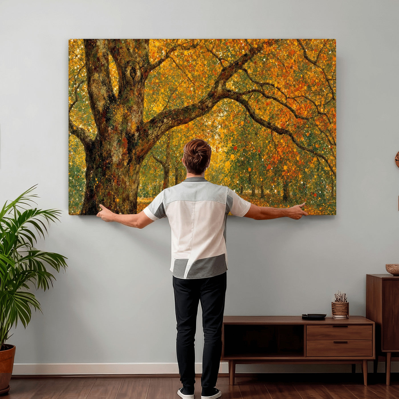 11536138-MGV-CV-36X24 - Vintage Autumn Forest Path Wall Art Canvas Print, Golden Leaves Impressionist Painting Print