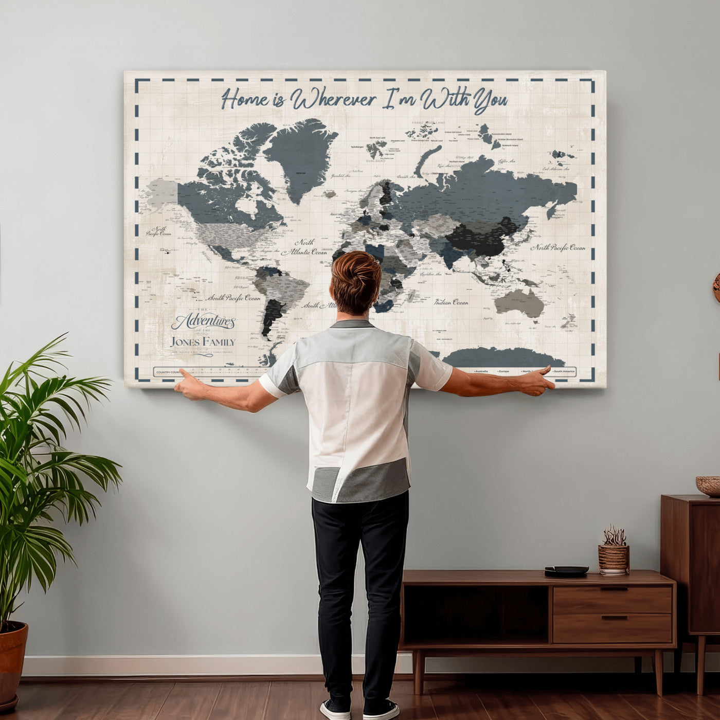 400867164-MGV-CV-36X24 - Framed Blue Custom Push Pin World Map Canvas Print – Personalized Travel Map Wall Art
