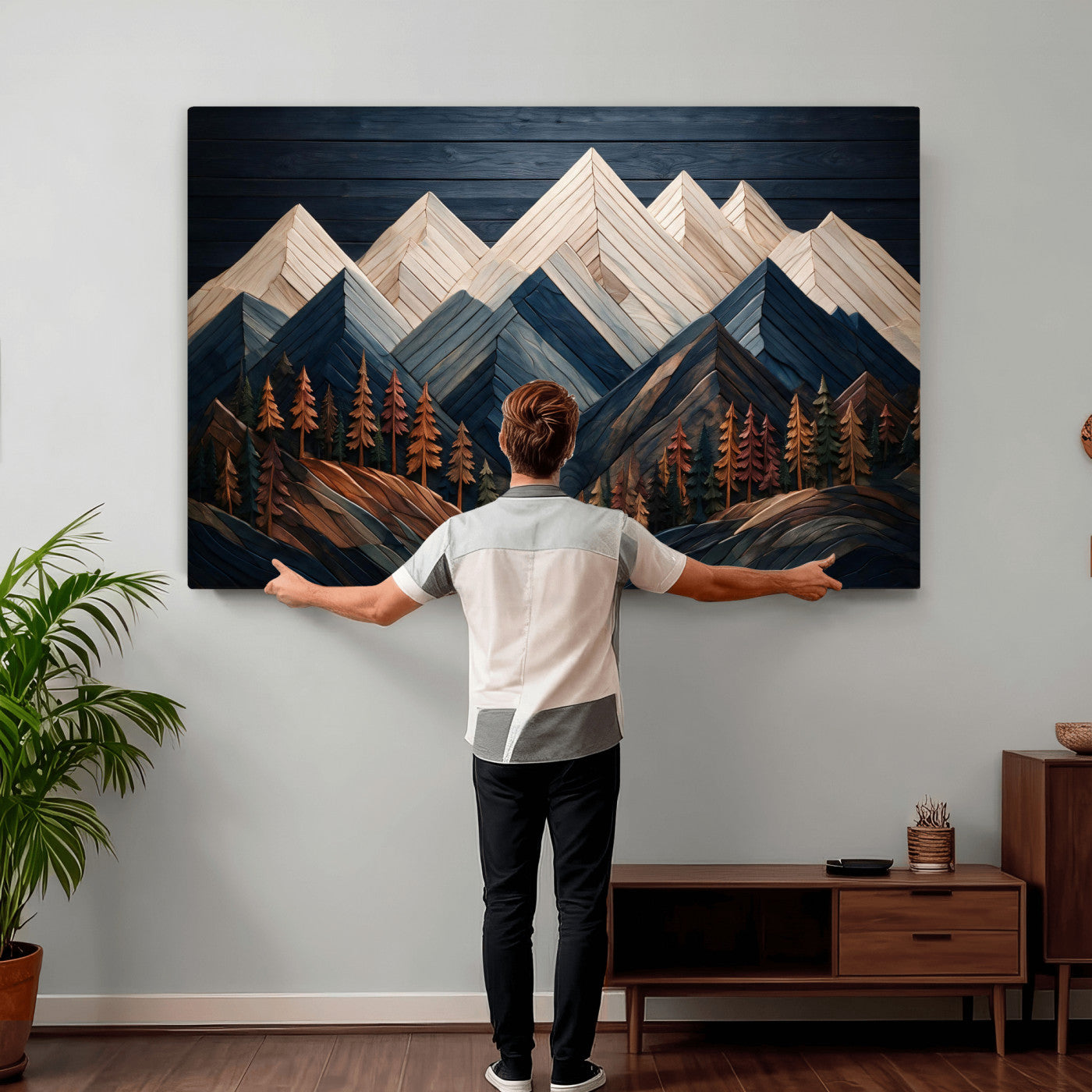 87765072-MGV-CV-36X24 - Geometric Wood Mountain Wall Art Canvas Print, 3D Look Rustic Mosaic Landscape Print