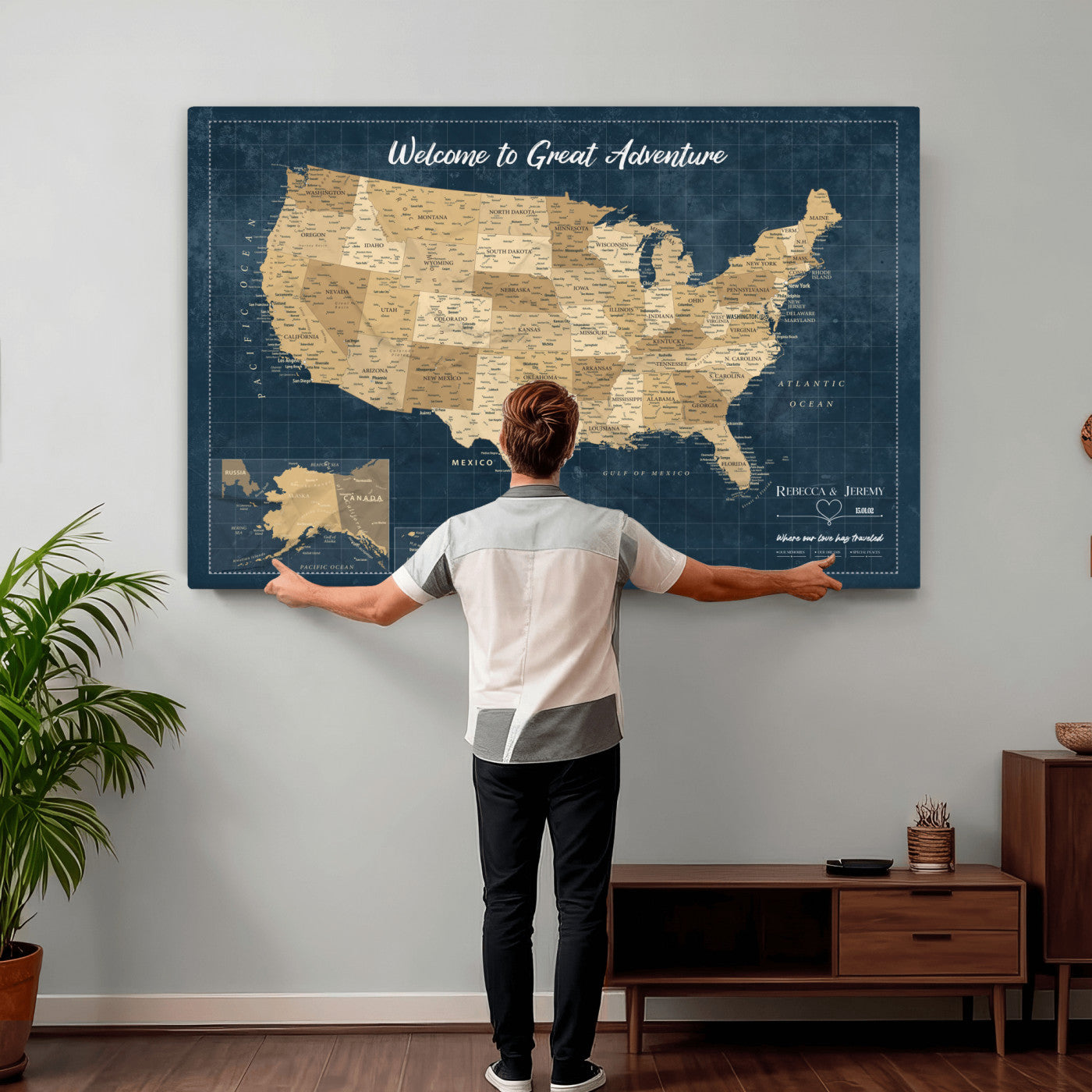 58851035-MGV-CV-36X24 - Custom Push Pin Travel USA Map Canvas Print, Cream Personalized Travel Tracker America Map, Anniversary Traveler Gift