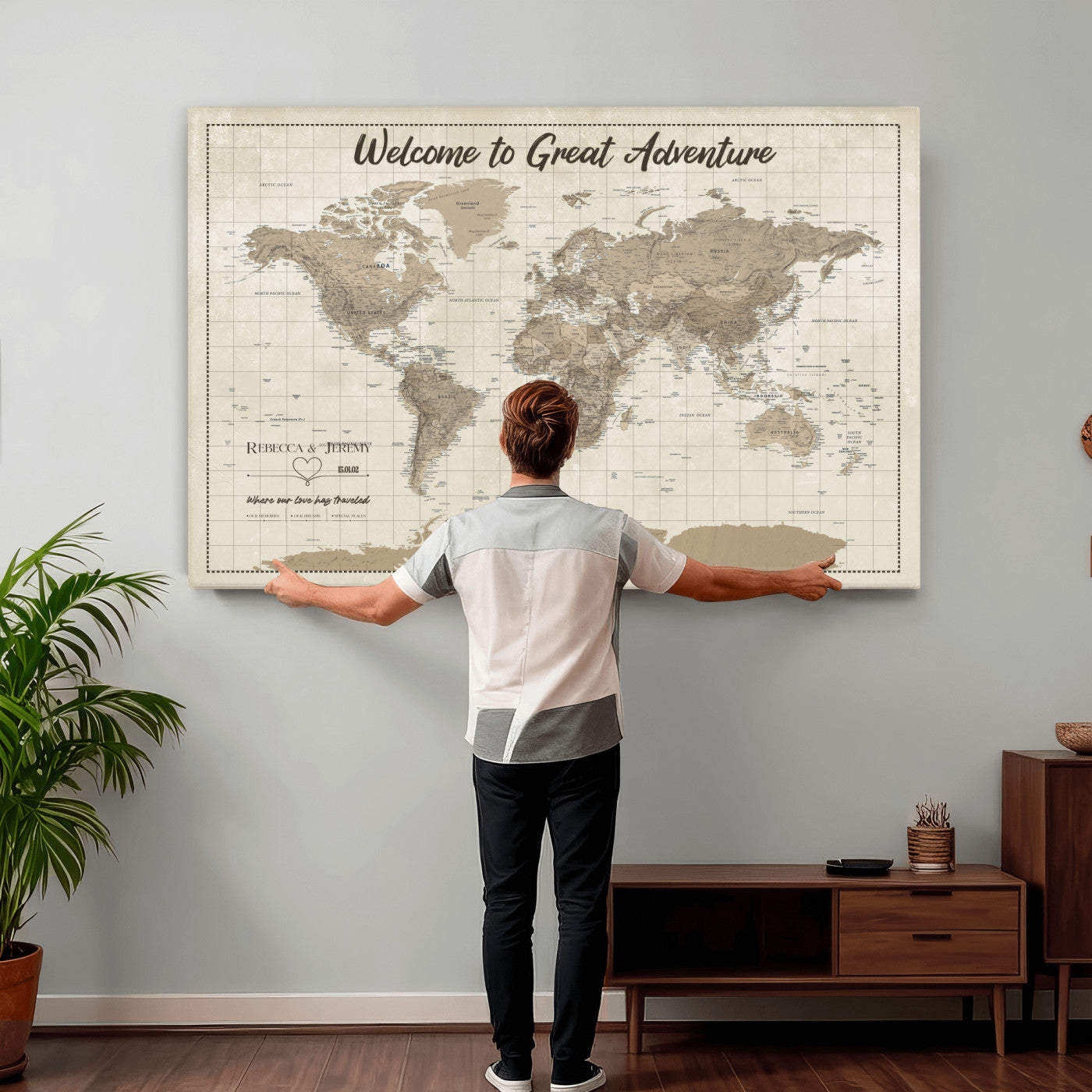 51180020-MGV-CV-36X24 - Custom Push Pin Travel Map Canvas Print, Cream Personalized Travel Tracker Map, Anniversary Gift, Vintage World Map Wall Art