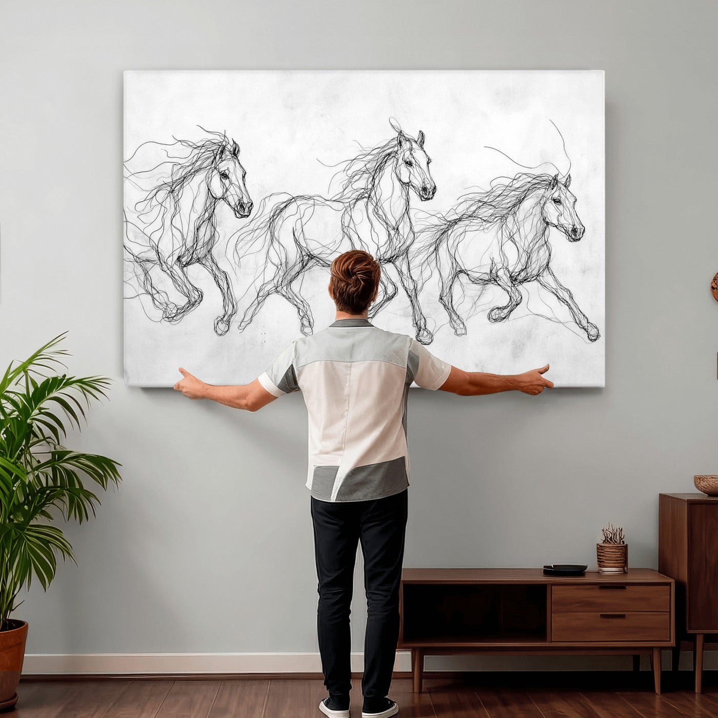 53600119-MGV-CV-36X24 - Monochrome Horse Canvas Wall Art, Black Ink Sketch Wild Horses Print, Minimalist Equestrian Artwork, Modern Abstract Line Decor, Urban Loft Gift