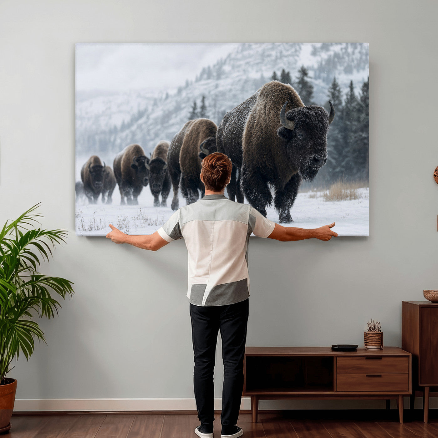 18343289-MGV-CV-36X24 - Rustic Bison Wall Art, American Buffalo Photo Print, Wildlife Canvas Artwork, Snowy Mountain Decor, Large Nature Poster, Cabin Gift Idea