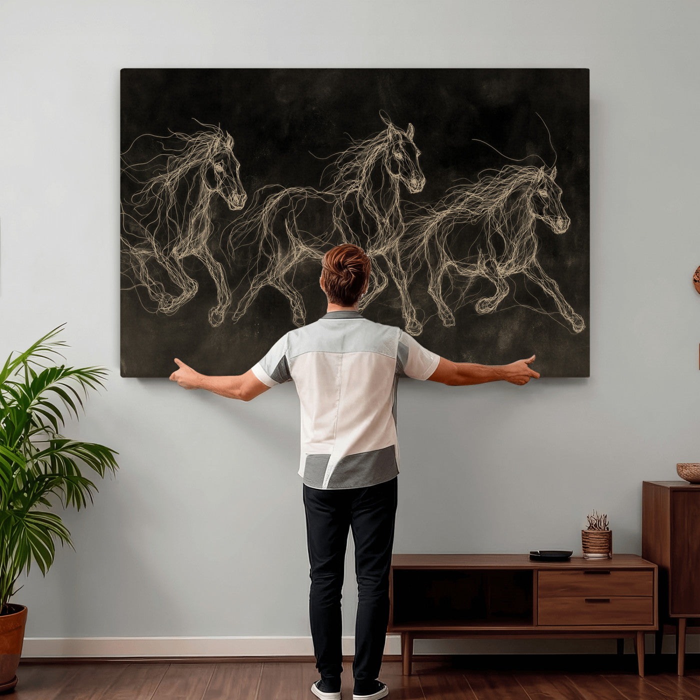 15344242-MGV-CV-36X24 - Dark Horse Line Art Canvas, Gold Scribble Wild Horses Print, Black Chalkboard Wall Art, Modern Luxury Equine Decor, Masculine Office Gift